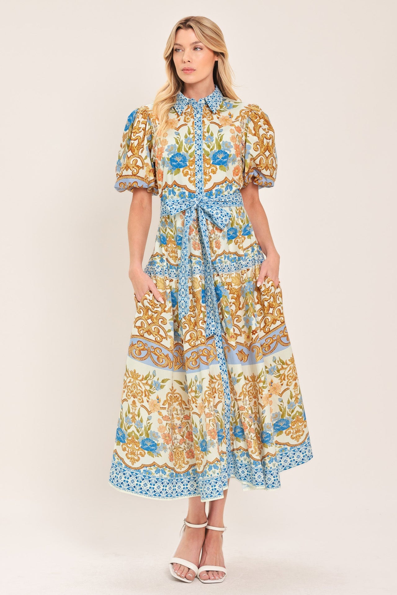 ROYAL GARDEN SOIREE WOVEN MIDI SHIRT DRESS
