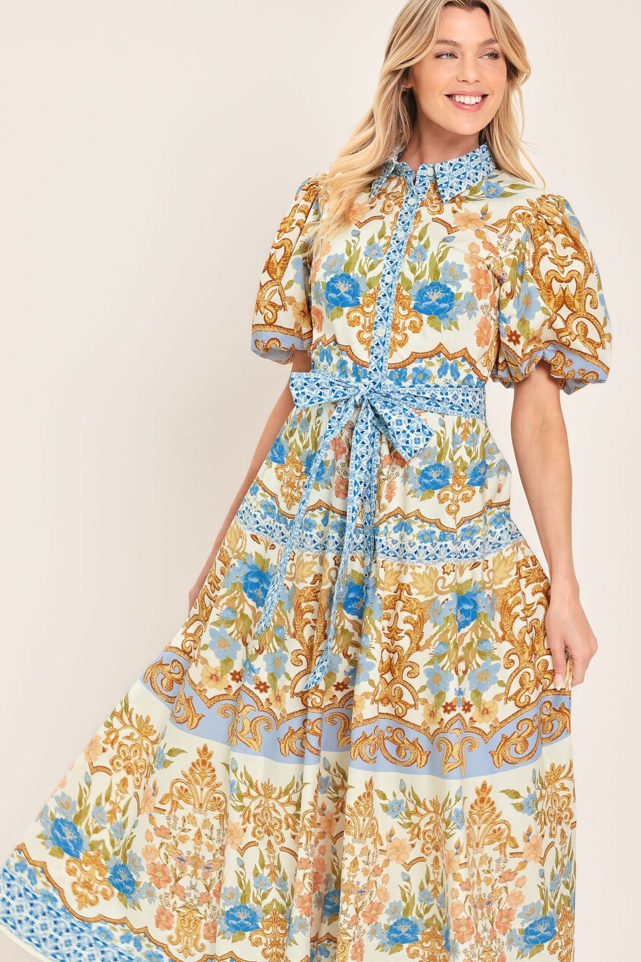 ROYAL GARDEN SOIREE WOVEN MIDI SHIRT DRESS