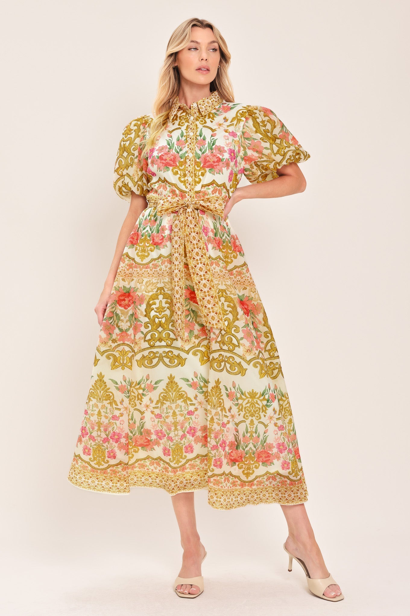 CHATEAU ROSE WOVEN MIDI SHIRT DRESS