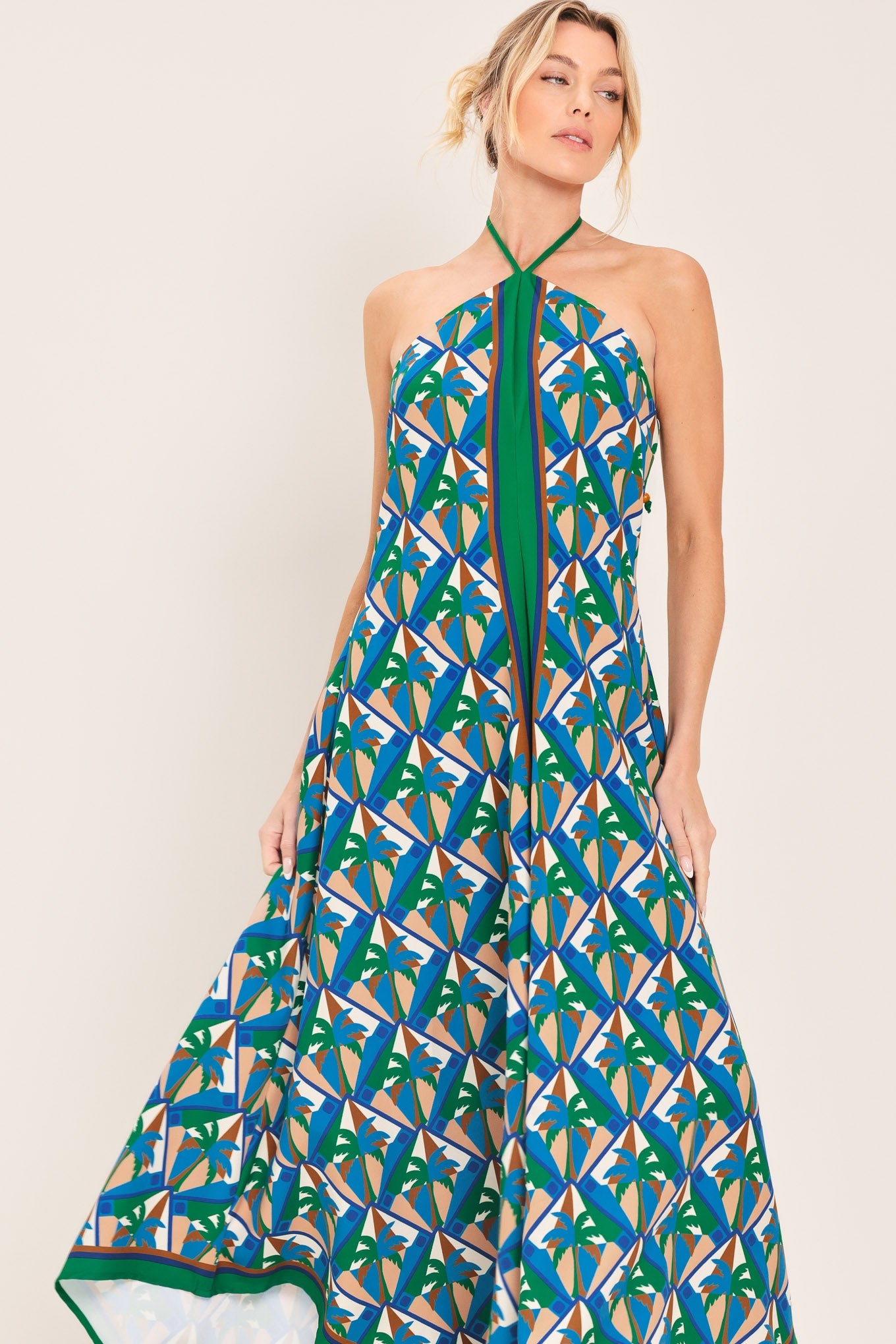 TROPICAL TEMPTATION HALTER WOVEN MIDI DRESS