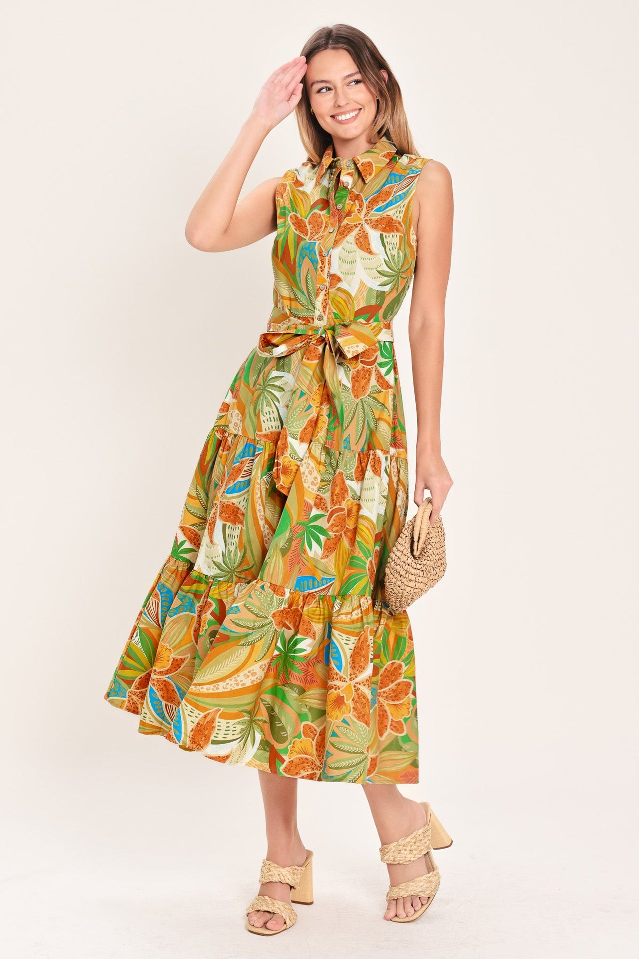 TROPICAL BLOOM TIERED WOVEN MIDI SHIRT DRESS