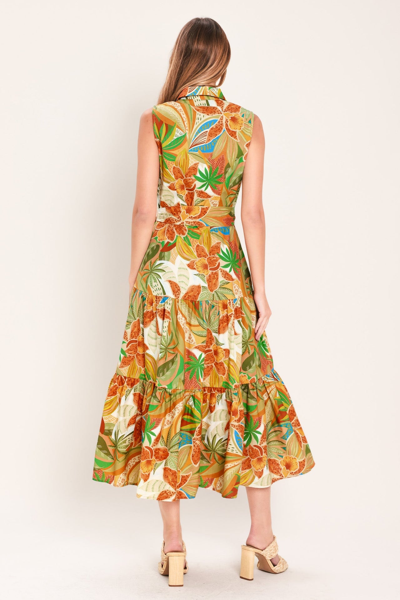 TROPICAL BLOOM TIERED WOVEN MIDI SHIRT DRESS