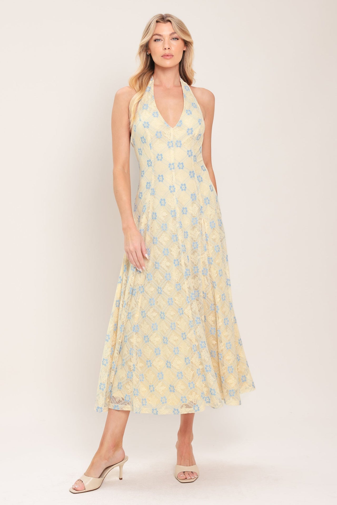 DELICATE BLOOM HALTER WOVEN LACE MIDI DRESS