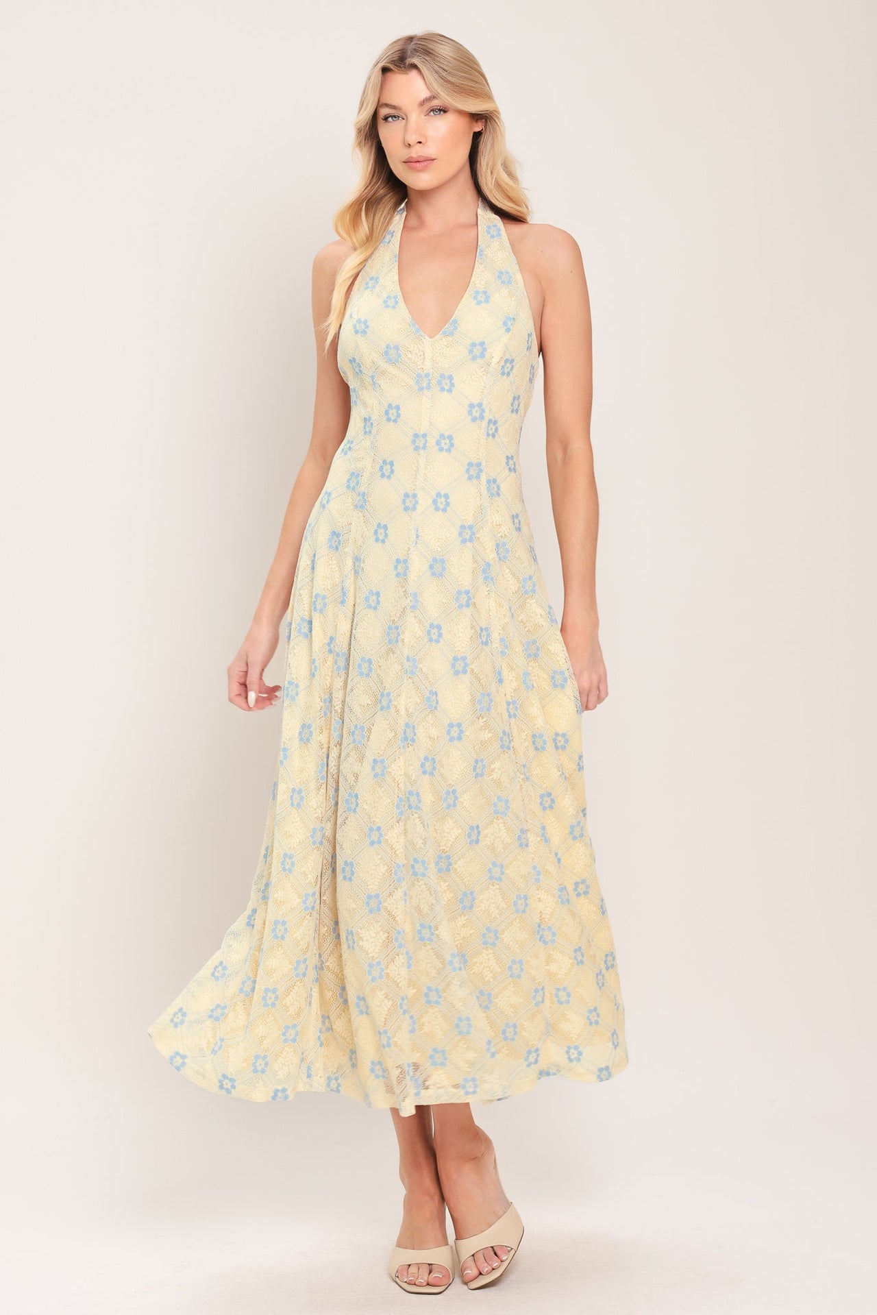 DELICATE BLOOM HALTER WOVEN LACE MIDI DRESS
