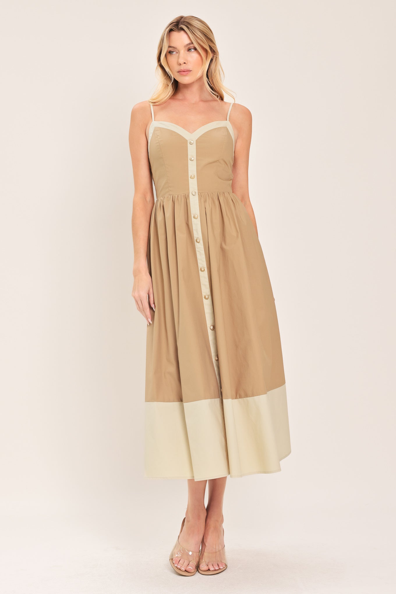 SANDSTONE SWEETHEART WOVEN MIDI DRESS