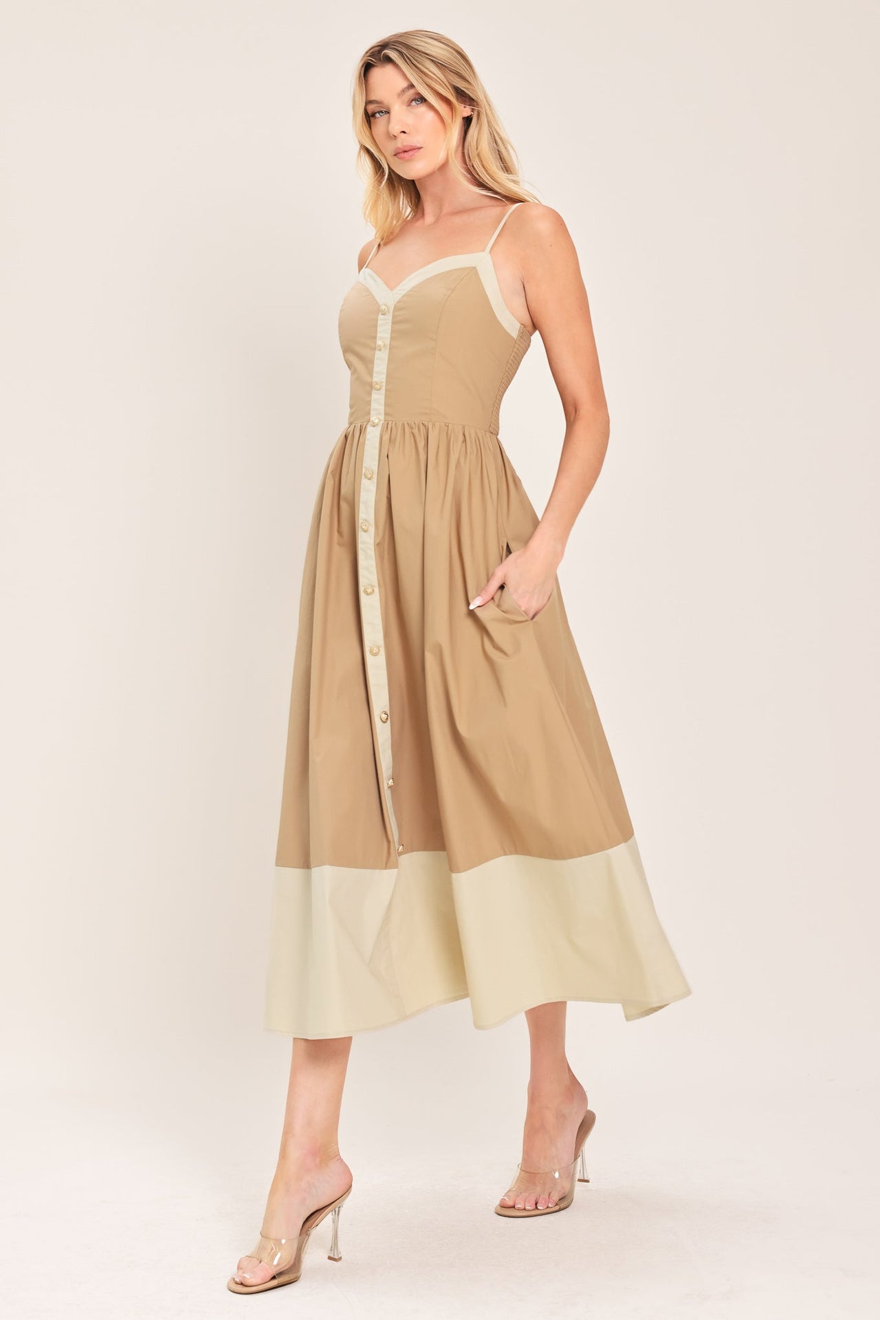 SANDSTONE SWEETHEART WOVEN MIDI DRESS
