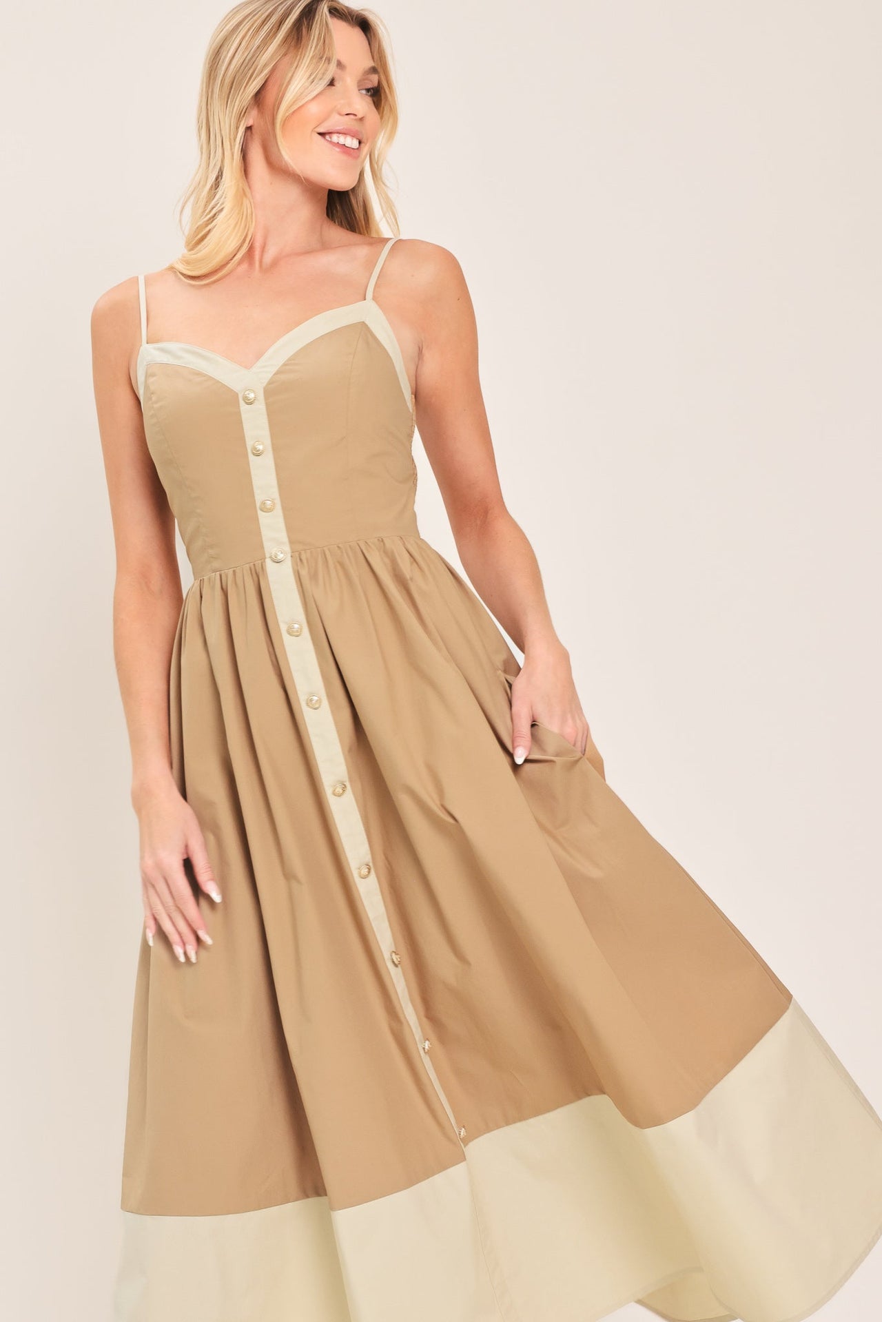 SANDSTONE SWEETHEART WOVEN MIDI DRESS
