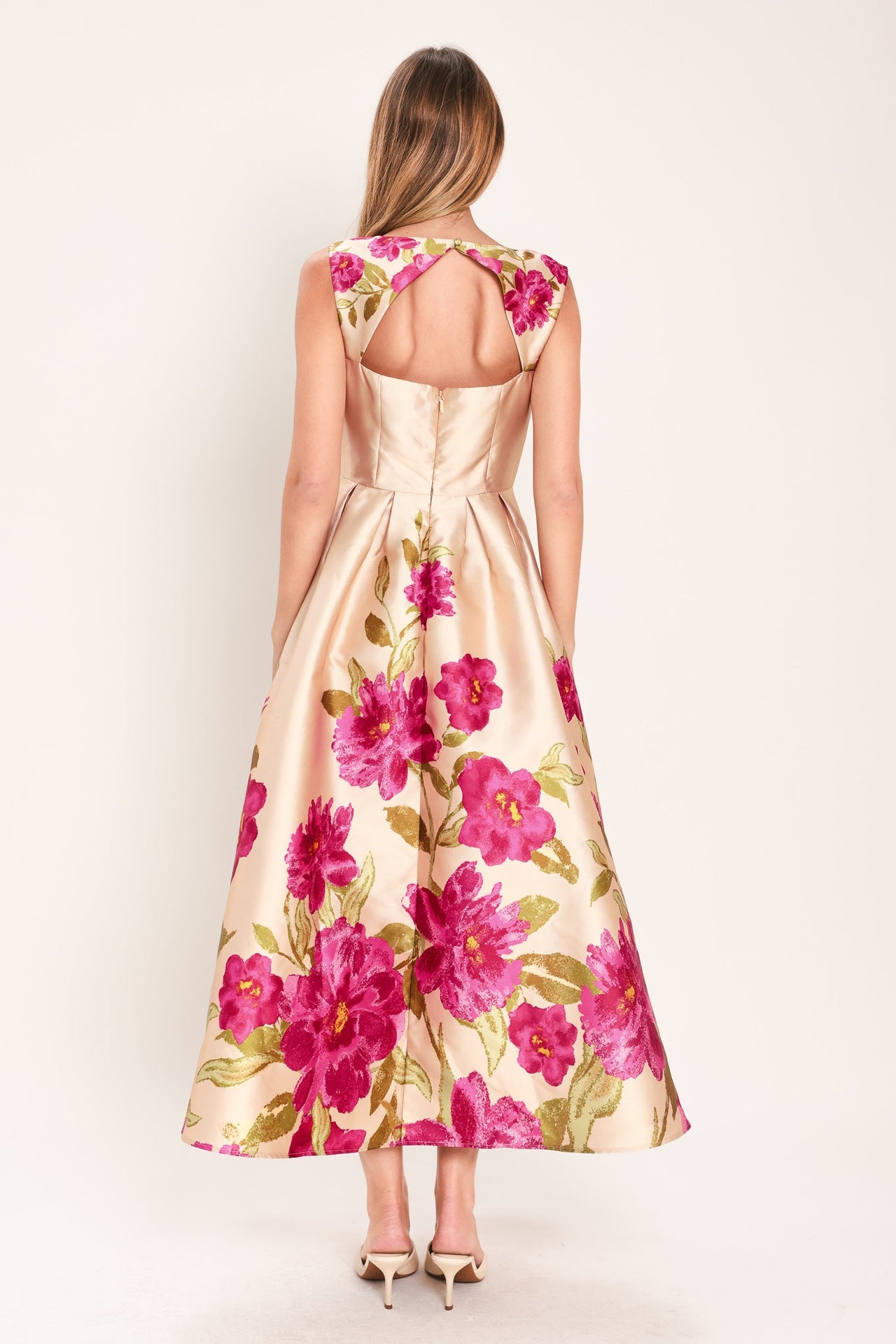 SOFT SATIN FLORAL WOVEN MIDI DRESS