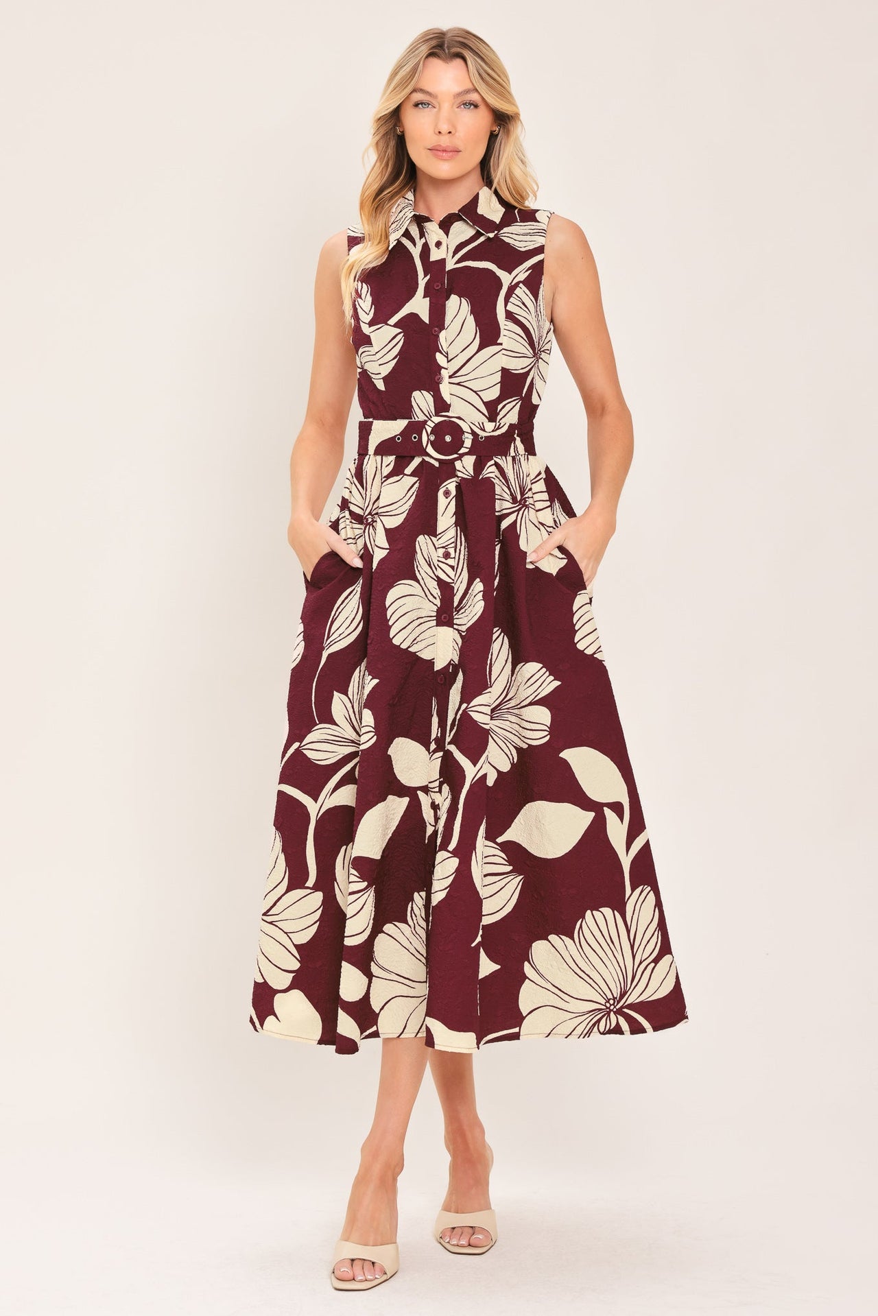 CLARET FLORAL DAY WOVEN MIDI DRESS