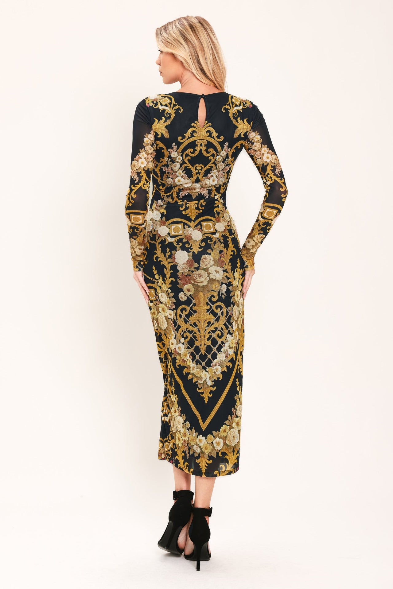BAROQUE ROSE POWER MESH MIDI DRESS
