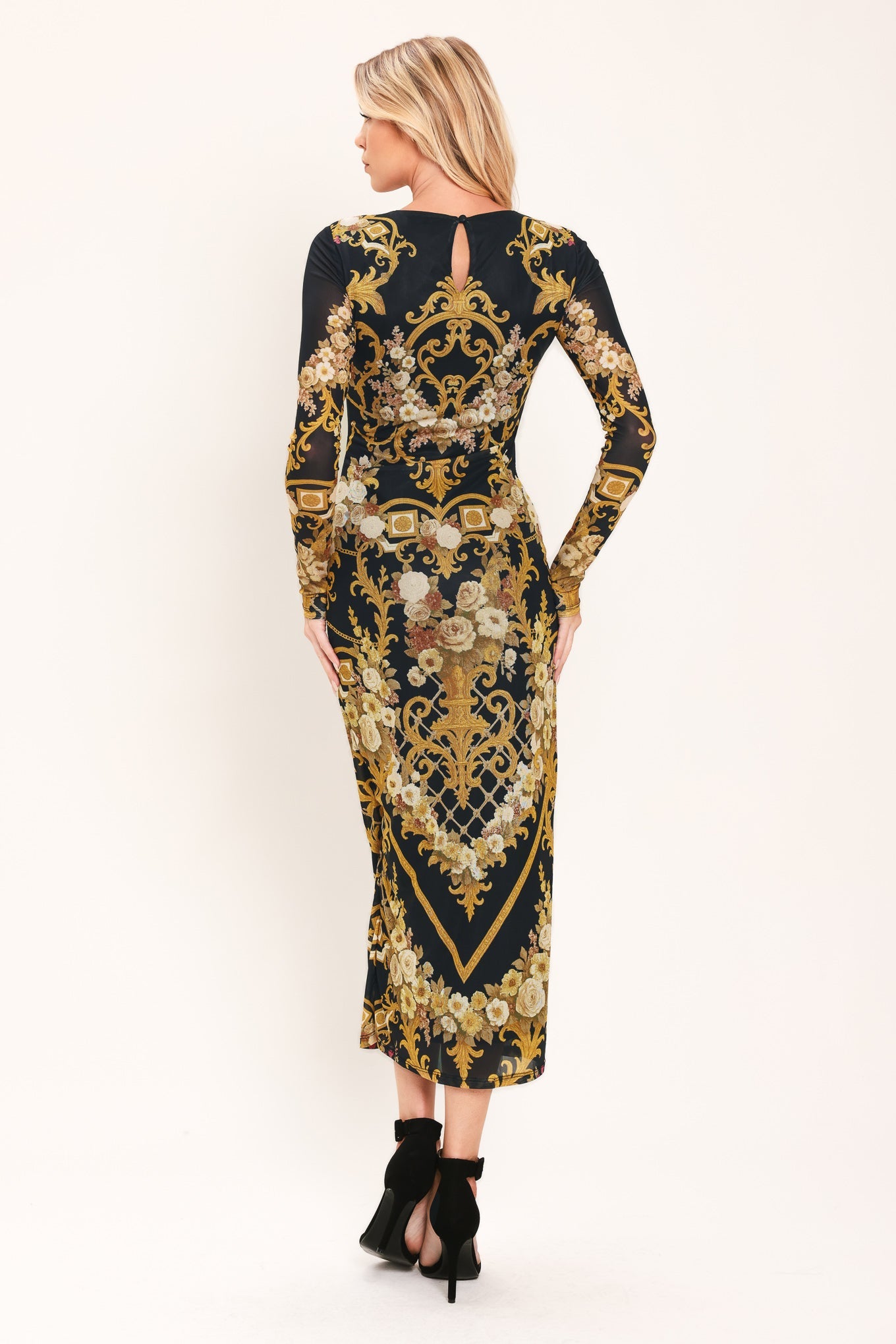BAROQUE ROSE POWER MESH MIDI DRESS