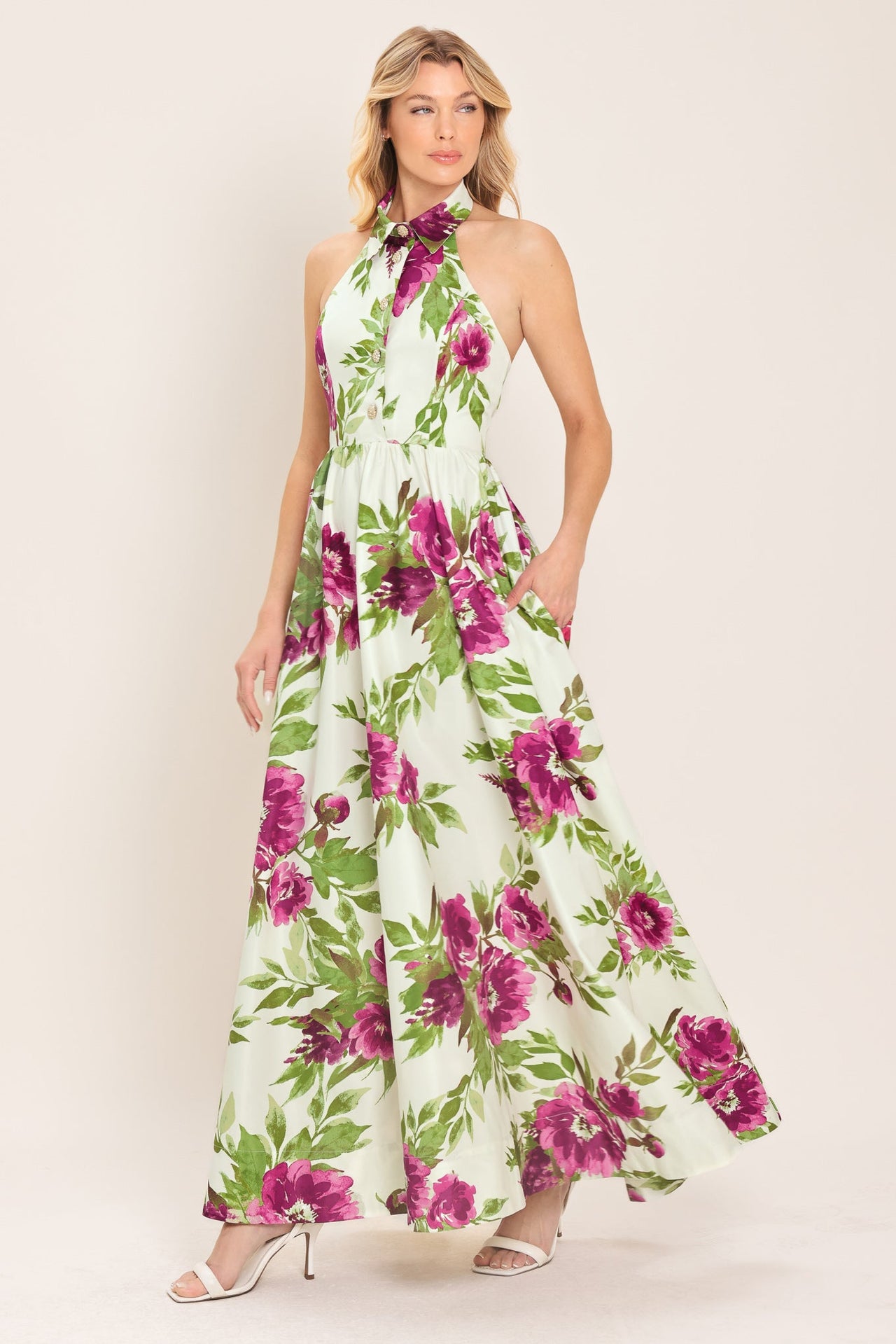 FUCHSIA ROSE HALTER WOVEN MAXI DRESS