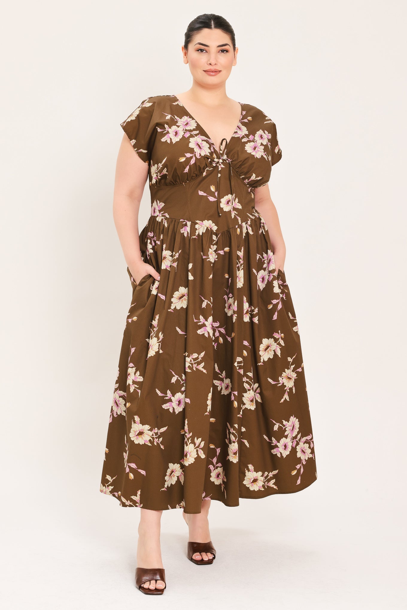 BROWN DAISY WOVEN MIDI DRESS