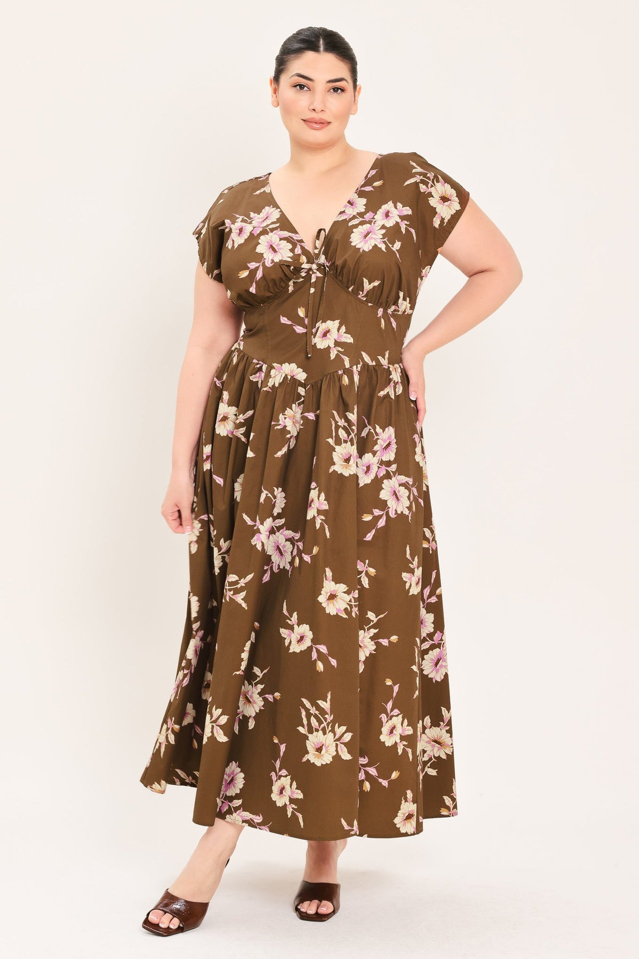 BROWN DAISY WOVEN MIDI DRESS