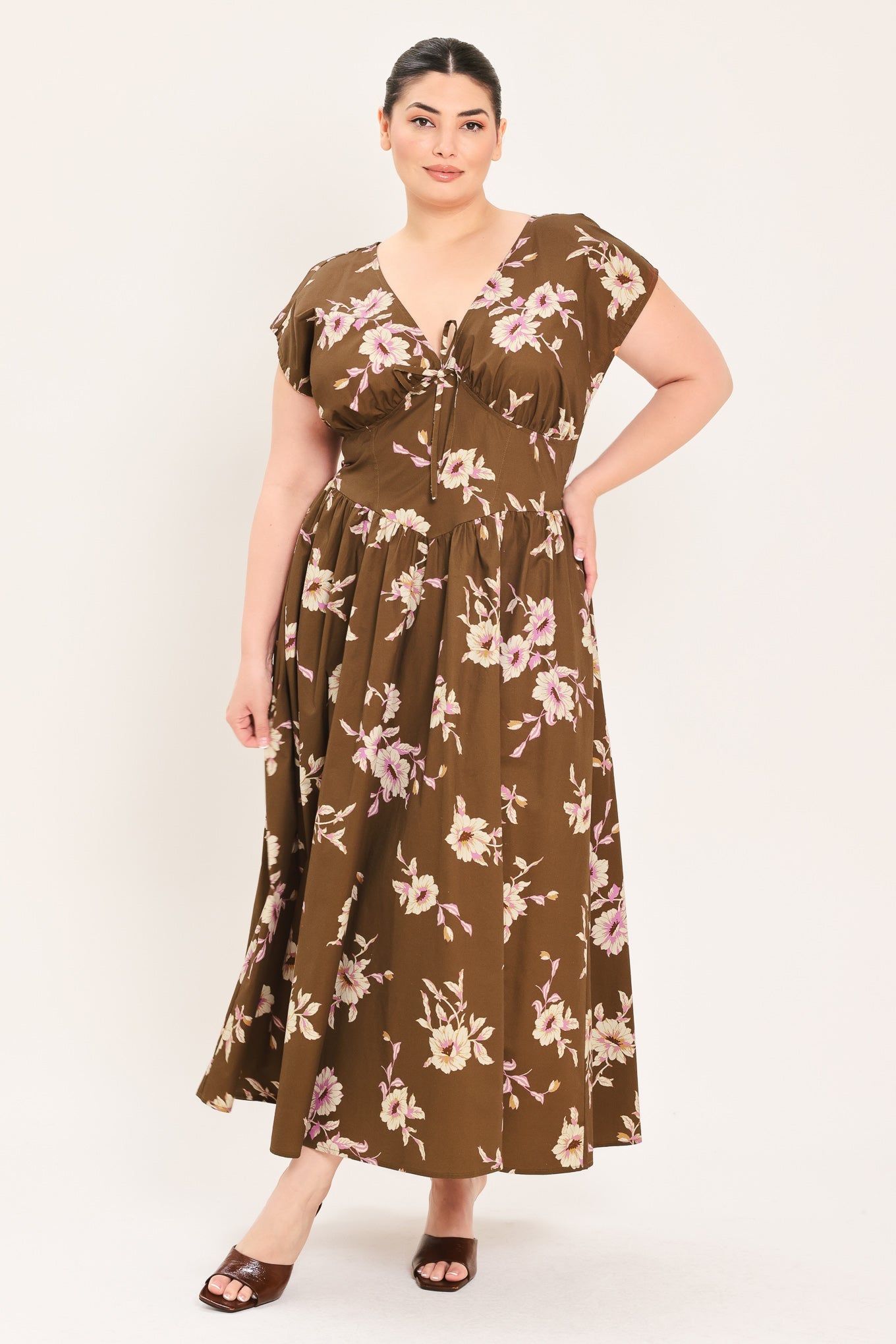 BROWN DAISY WOVEN MIDI DRESS