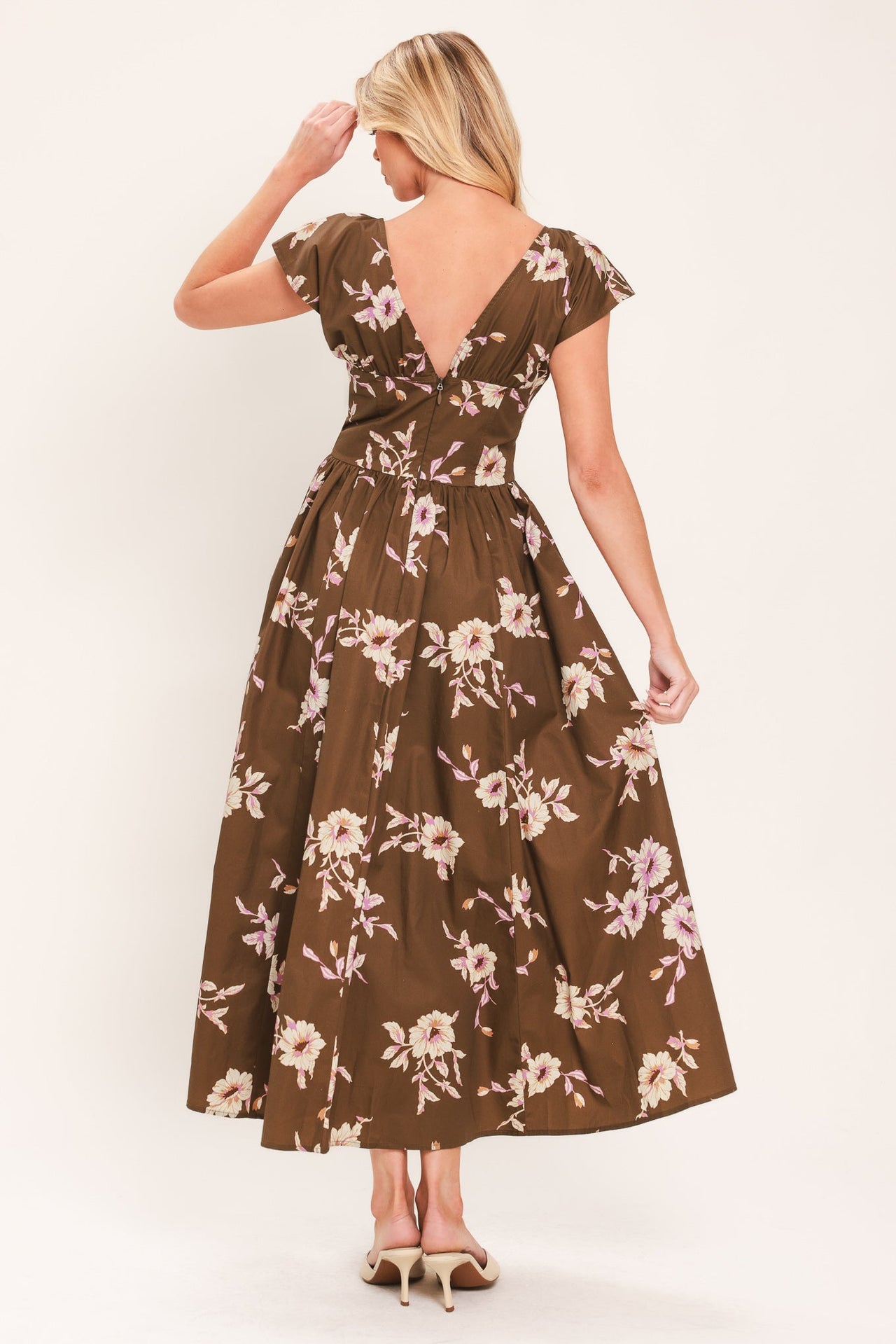 BROWN DAISY WOVEN MIDI DRESS