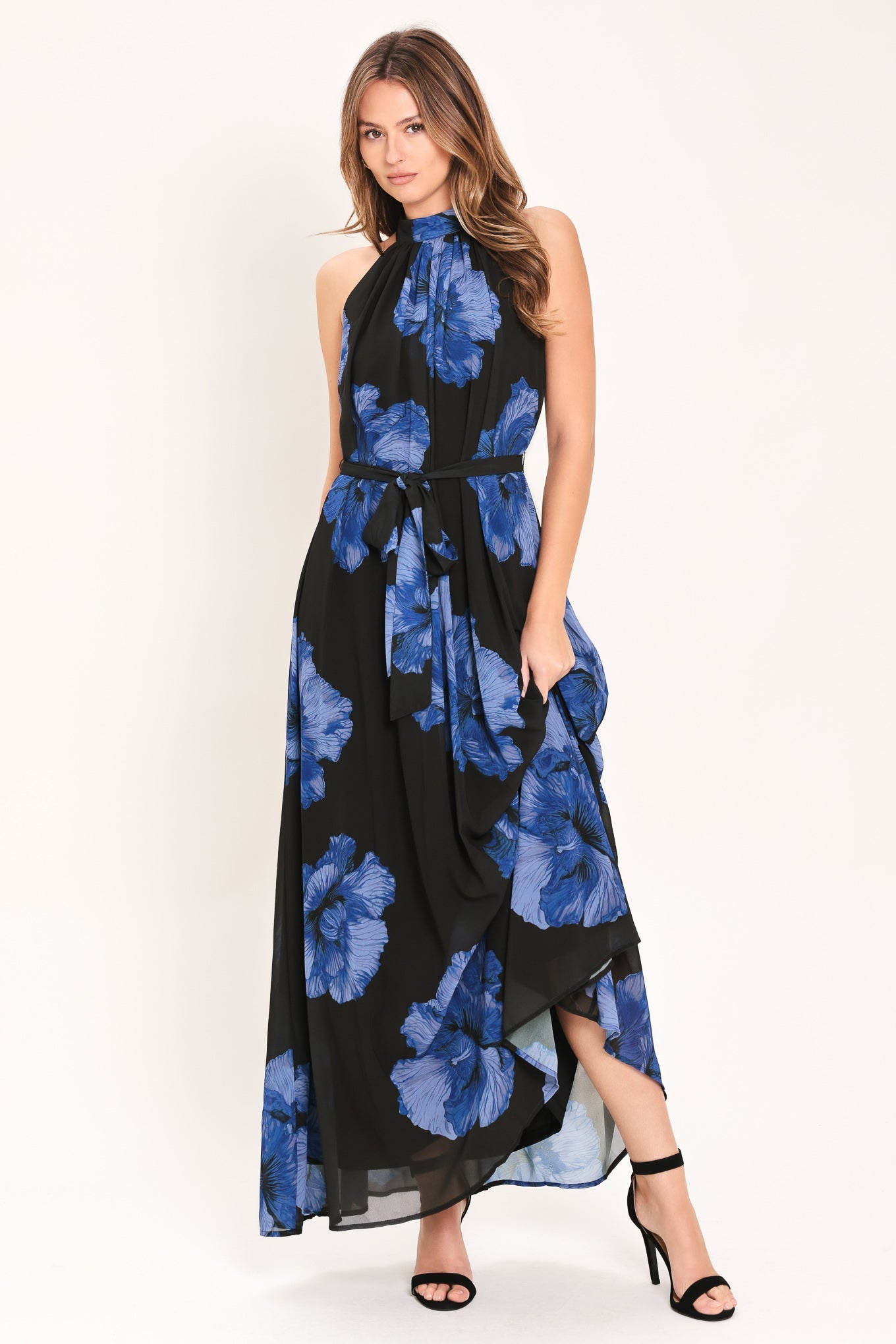 EVENING ORCHARD WOVEN HALTER MAXI DRESS