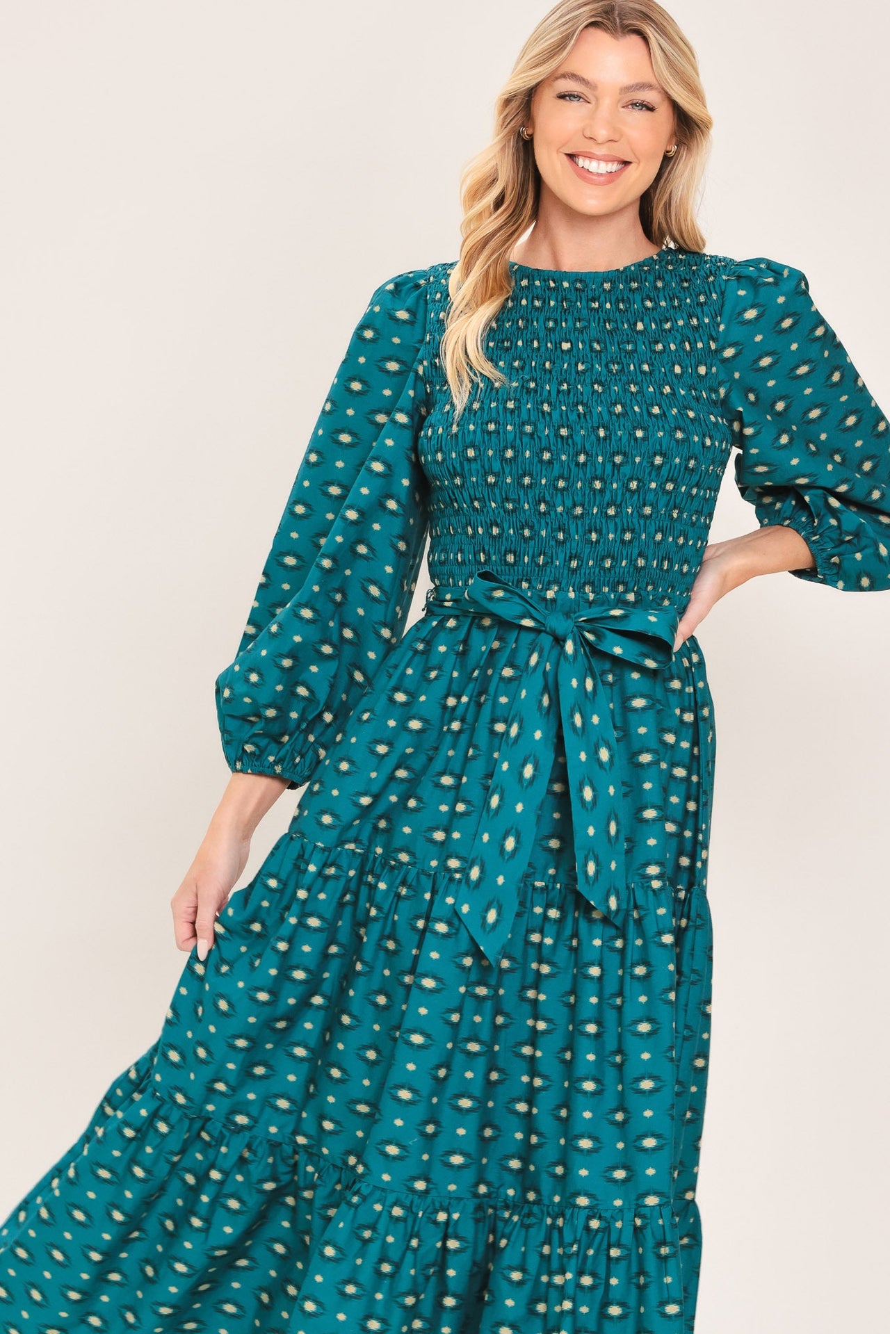 OCEAN DOT RUFFLE WOVEN MIDI DRESS