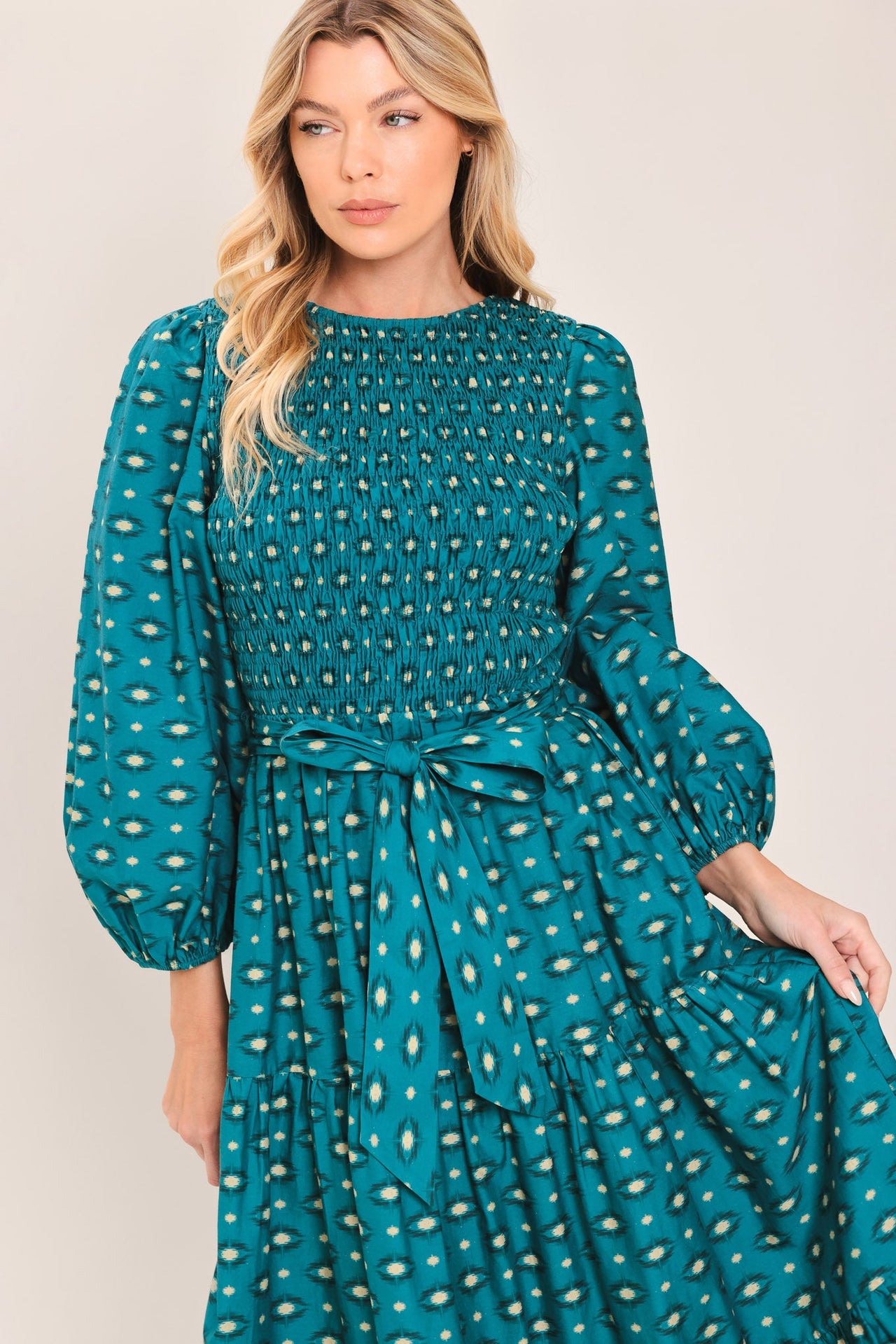OCEAN DOT RUFFLE WOVEN MIDI DRESS