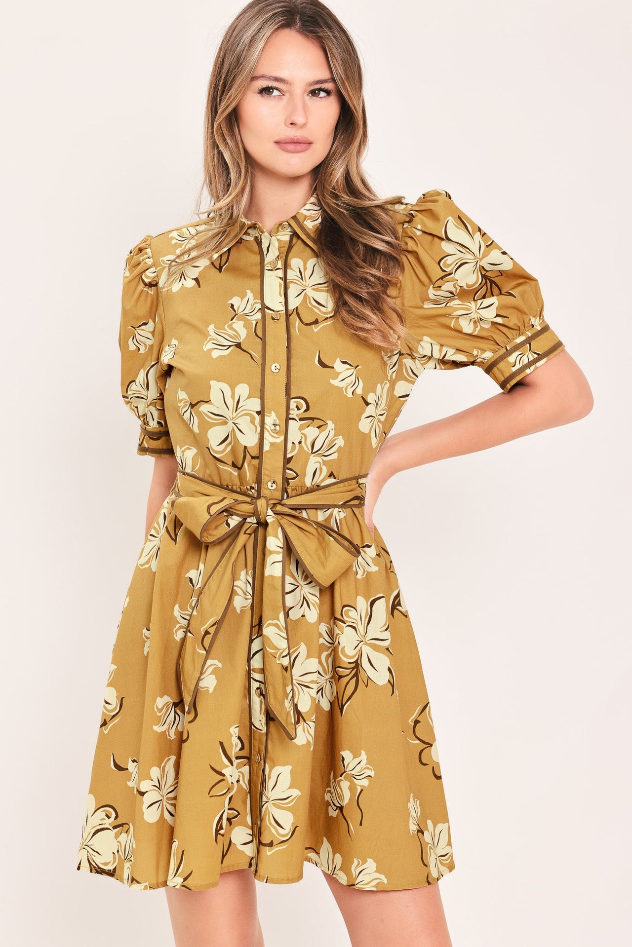 SUNWARM FLORAL CHARM WOVEN MINI SHIRT DRESS