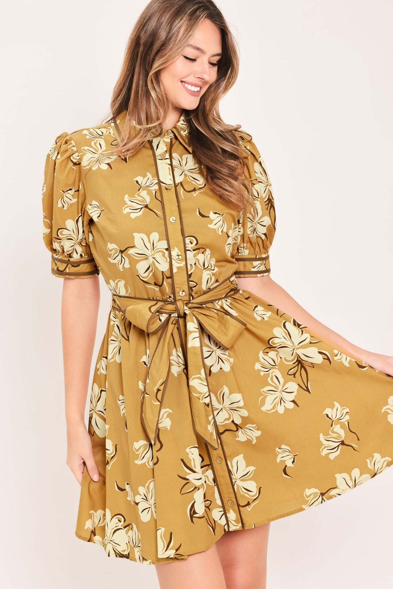 SUNWARM FLORAL CHARM WOVEN MINI SHIRT DRESS
