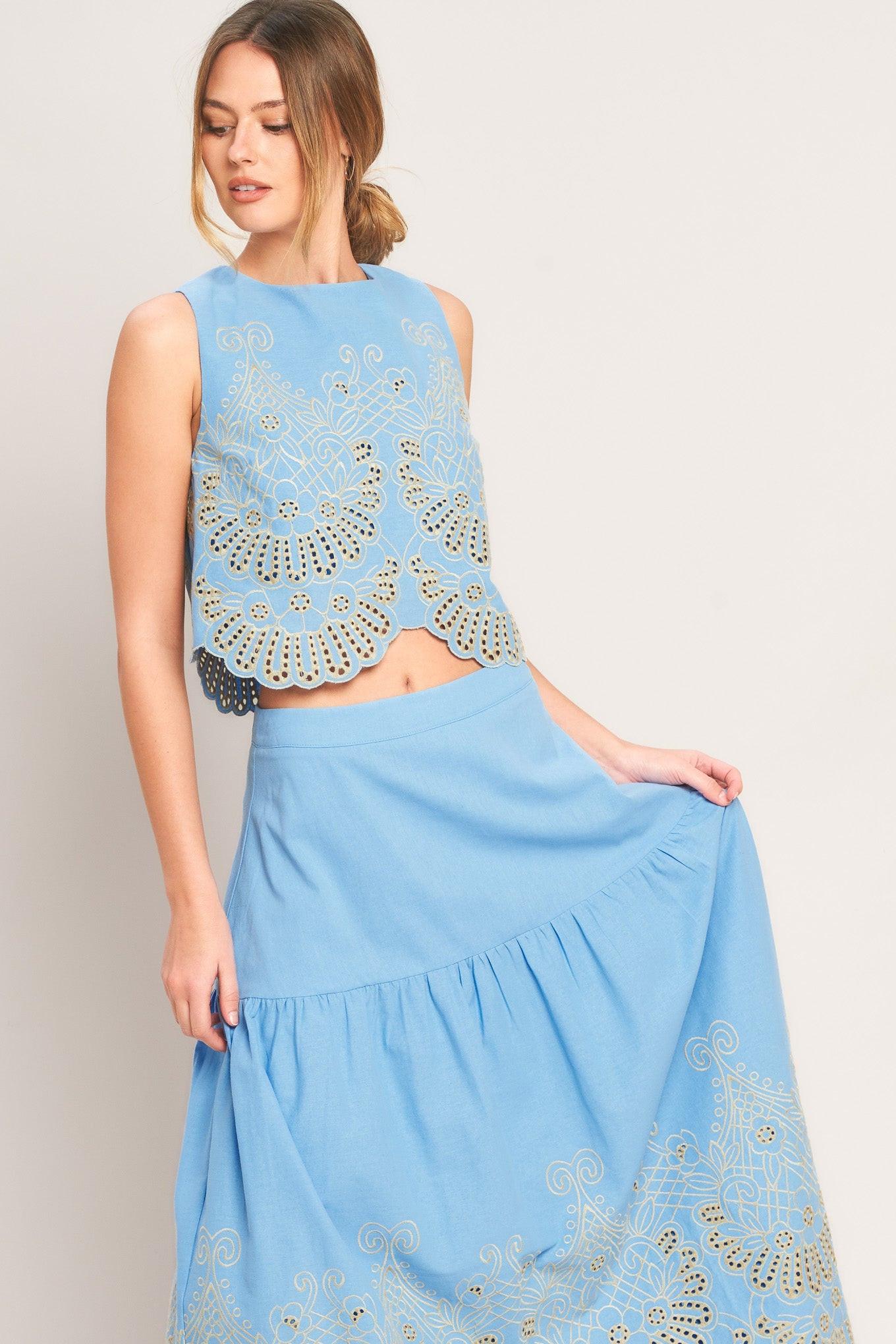 SKY BLOOM WOVEN EYELET MIDI SKIRT