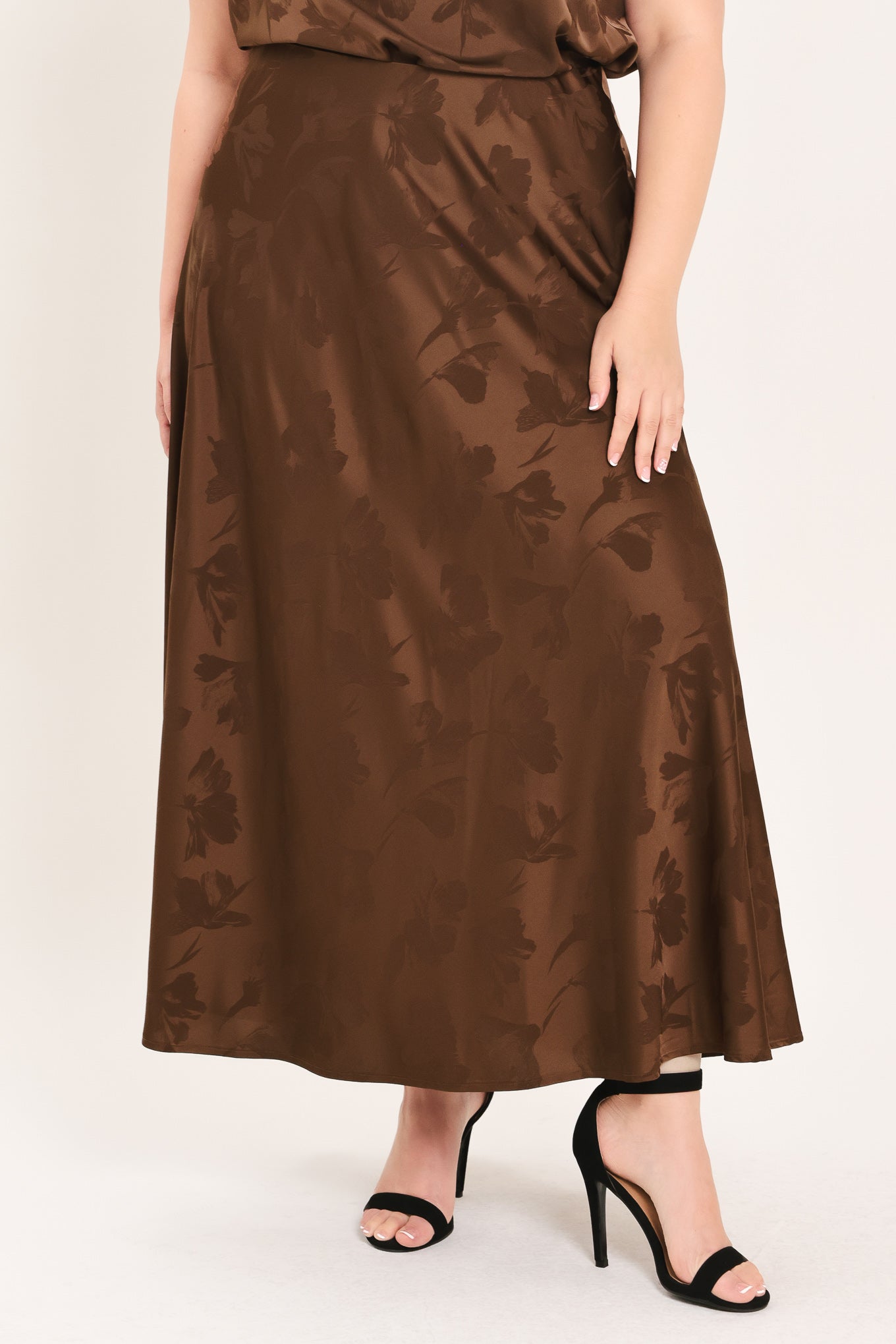 CHOCOLATE FLORAL WOVEN JACQUARD MIDI SKIRT