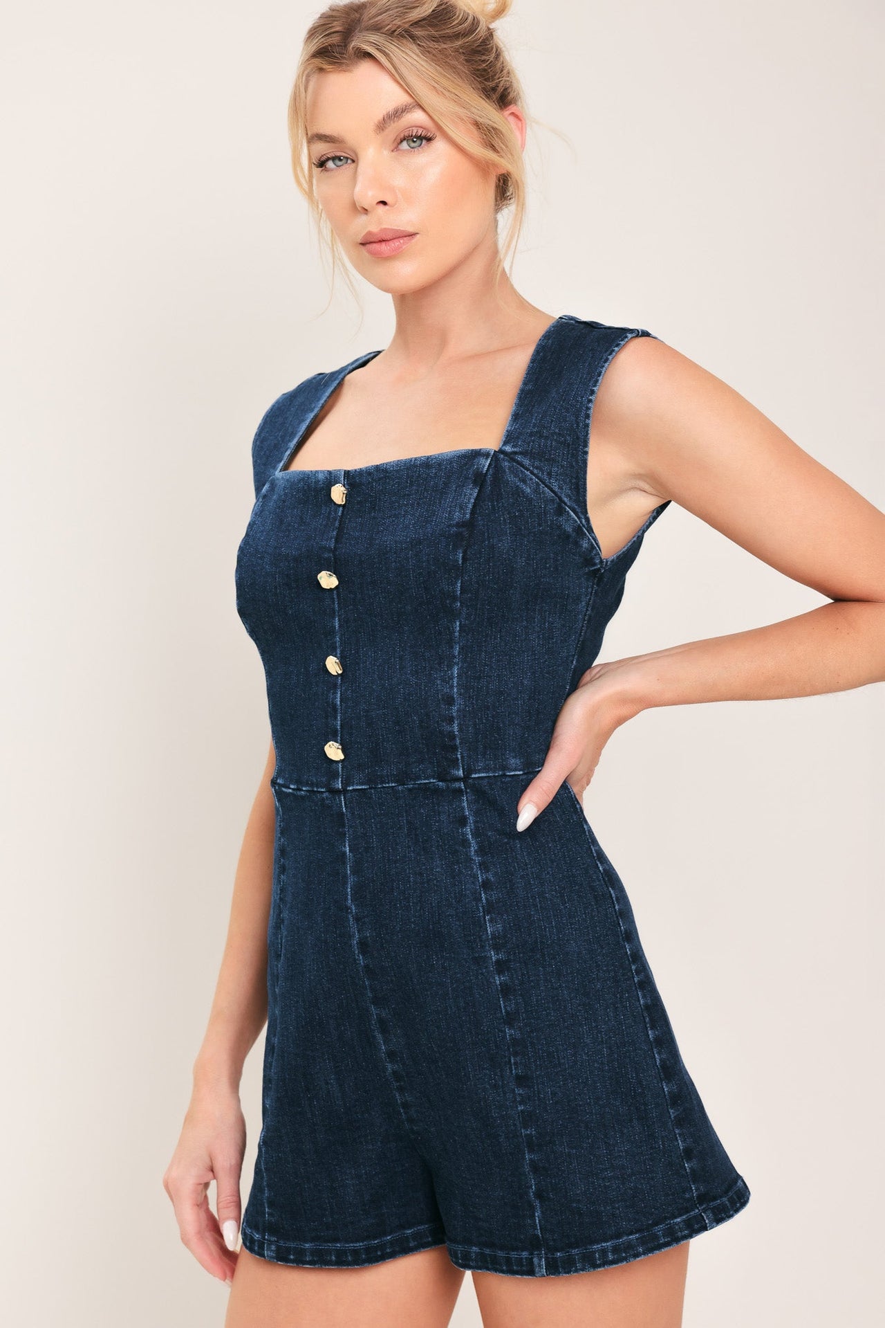 DARK WASH ICON DENIM ROMPER