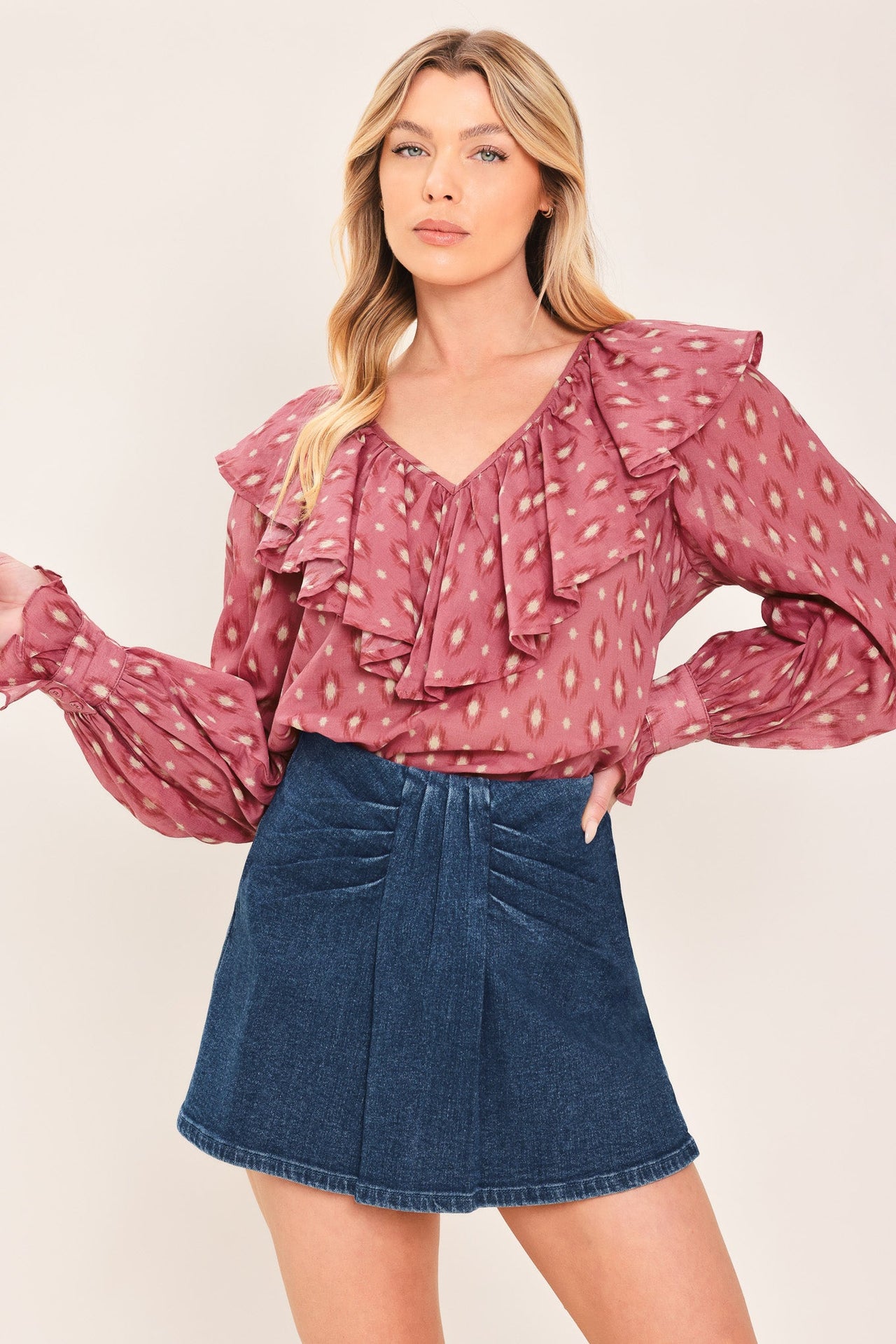 INDIGO RUCHING DENIM SKORT