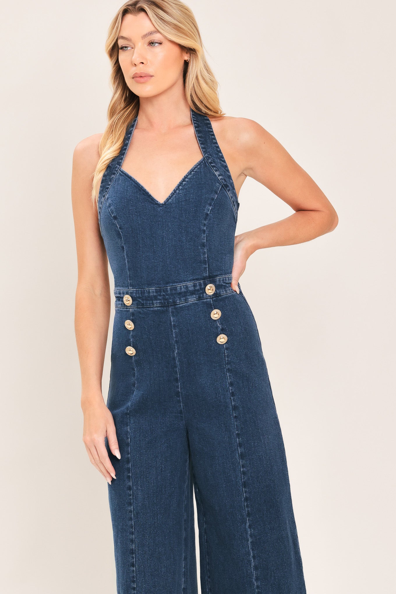BLUE JEAN HALTER DENIM JUMPSUIT