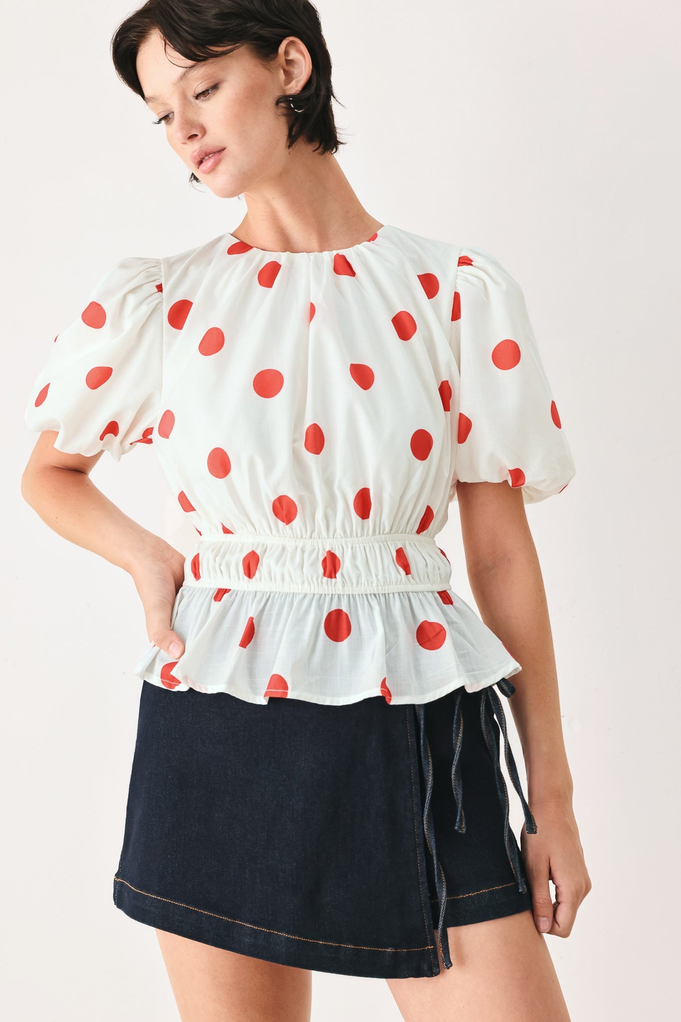 CHERRY KISS POLKA DOT WOVEN TOP