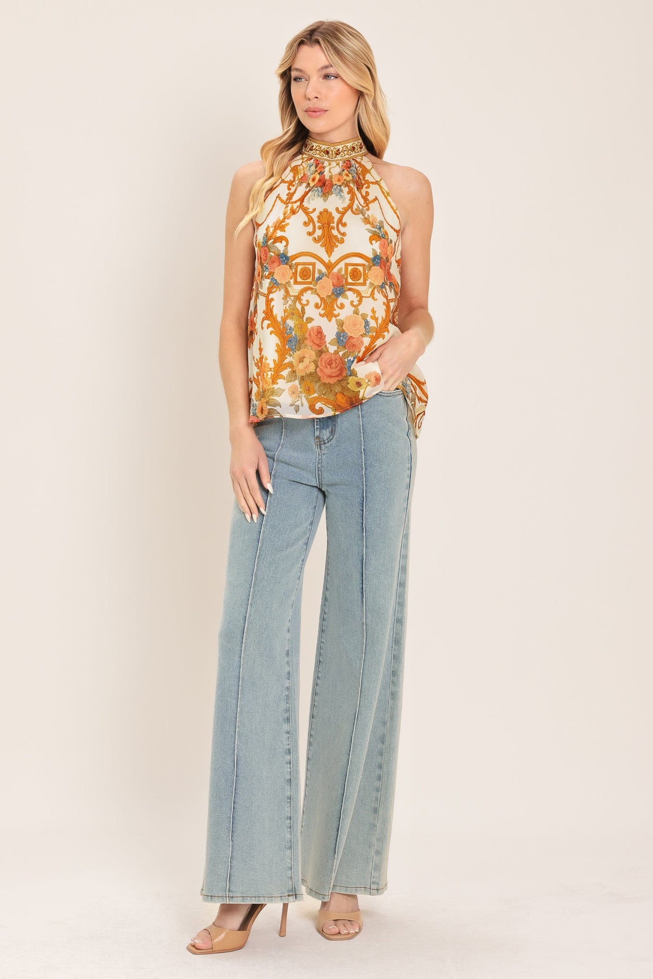 ANTIQUE BLOOM WOVEN HALTER TOP
