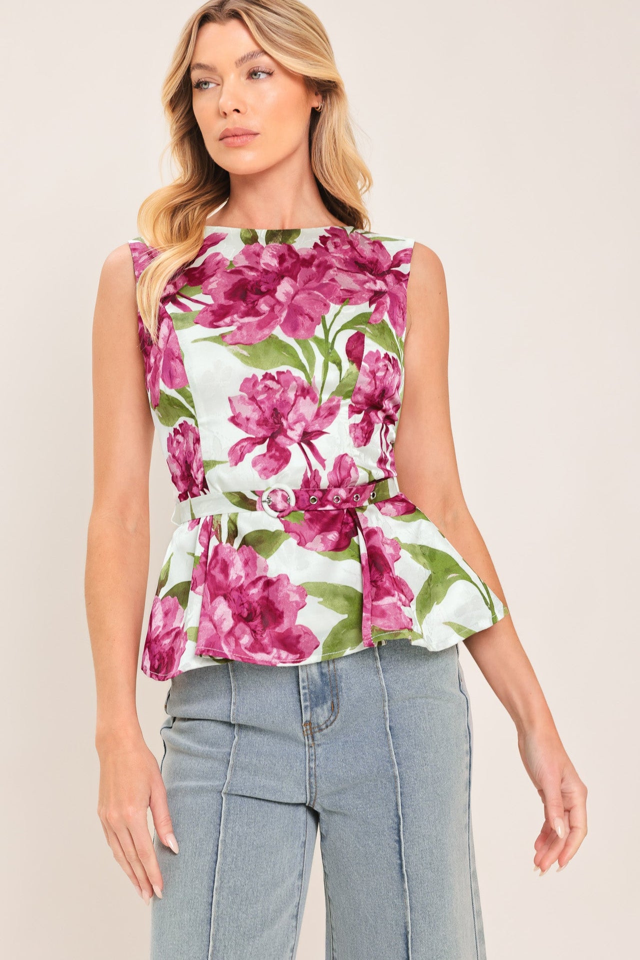 ROMANTIC ROSE PEPLUM WOVEN TOP
