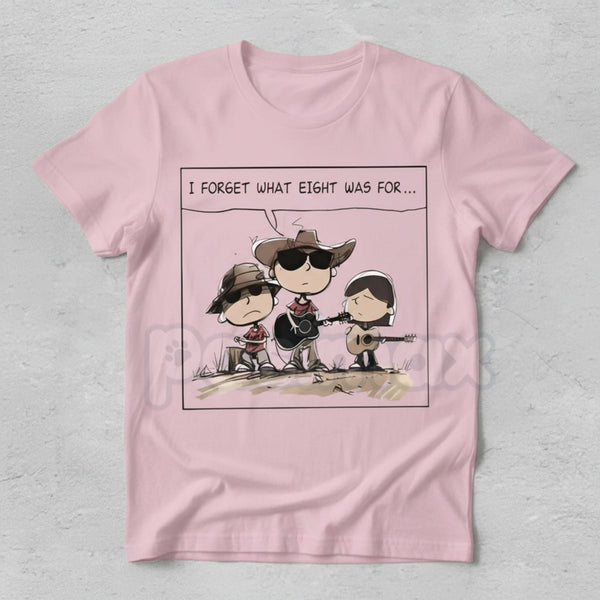 "I FORGET WHAT EIGHT WAS FOR" Funny Cartoon Cowboy Band T-Shirt - Absurdist Quote Meme Tee, Western Humor Statement Shirt, Niche Comedy Apparel