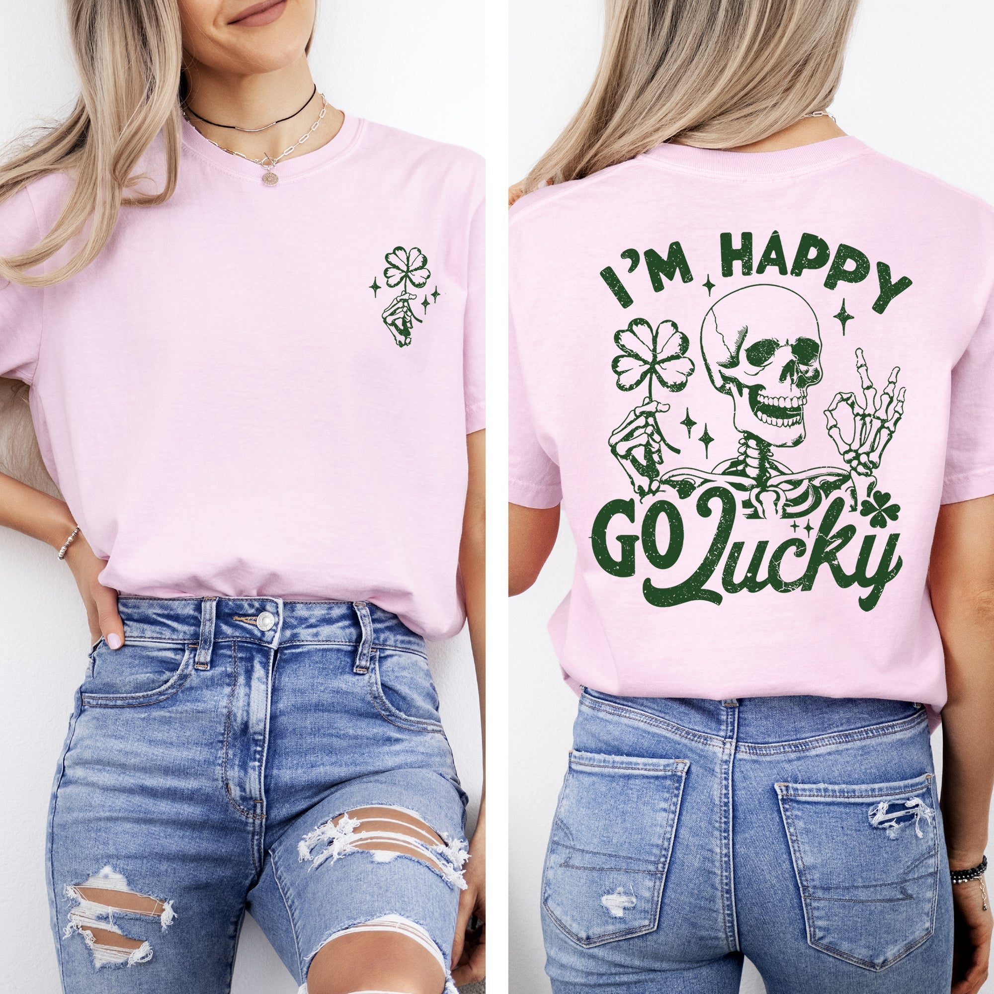 I'm Happy Go Lucky Skeleton St Patrick's Day Shamrock Clover Leprechaun Comfort Colors Tee