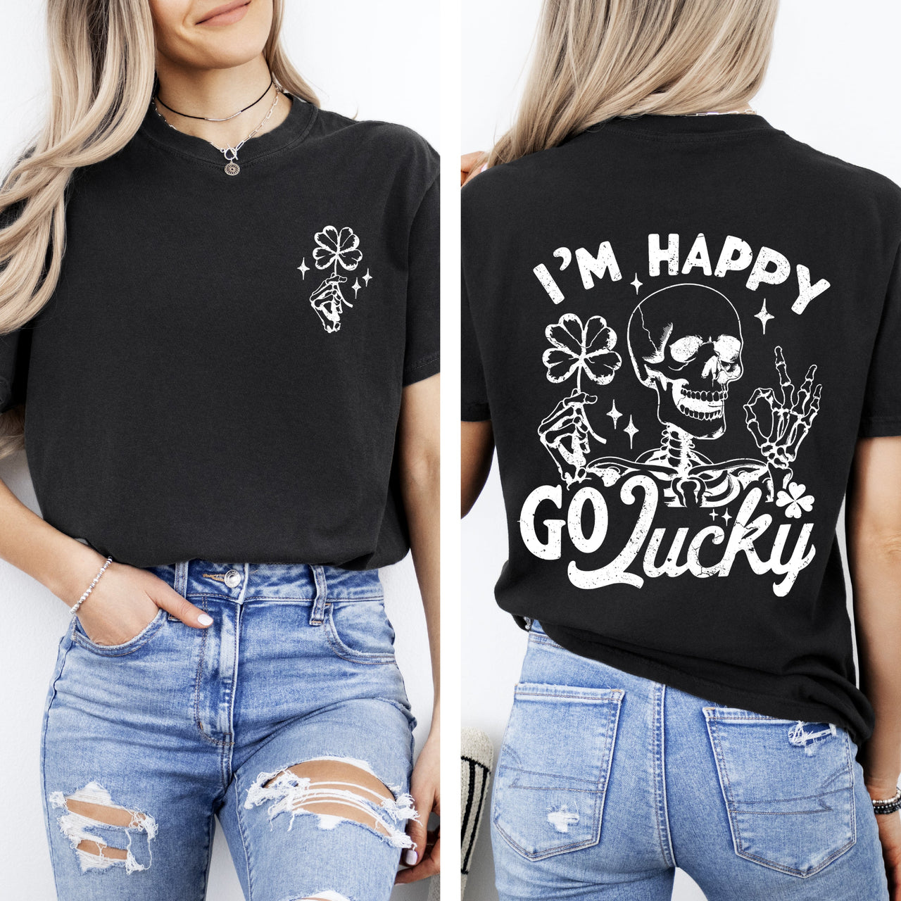 I'm Happy Go Lucky Skeleton St Patrick's Day Shamrock Clover Leprechaun Comfort Colors Tee