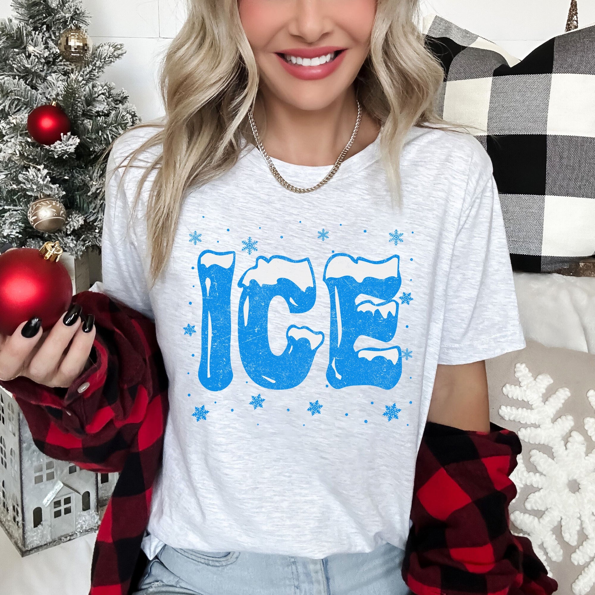 Ice Christmas Winter Cold Retro Vintage Holiday Frosty Scene Snowy Night Lights Cozy Winter Mood Graphic Tee