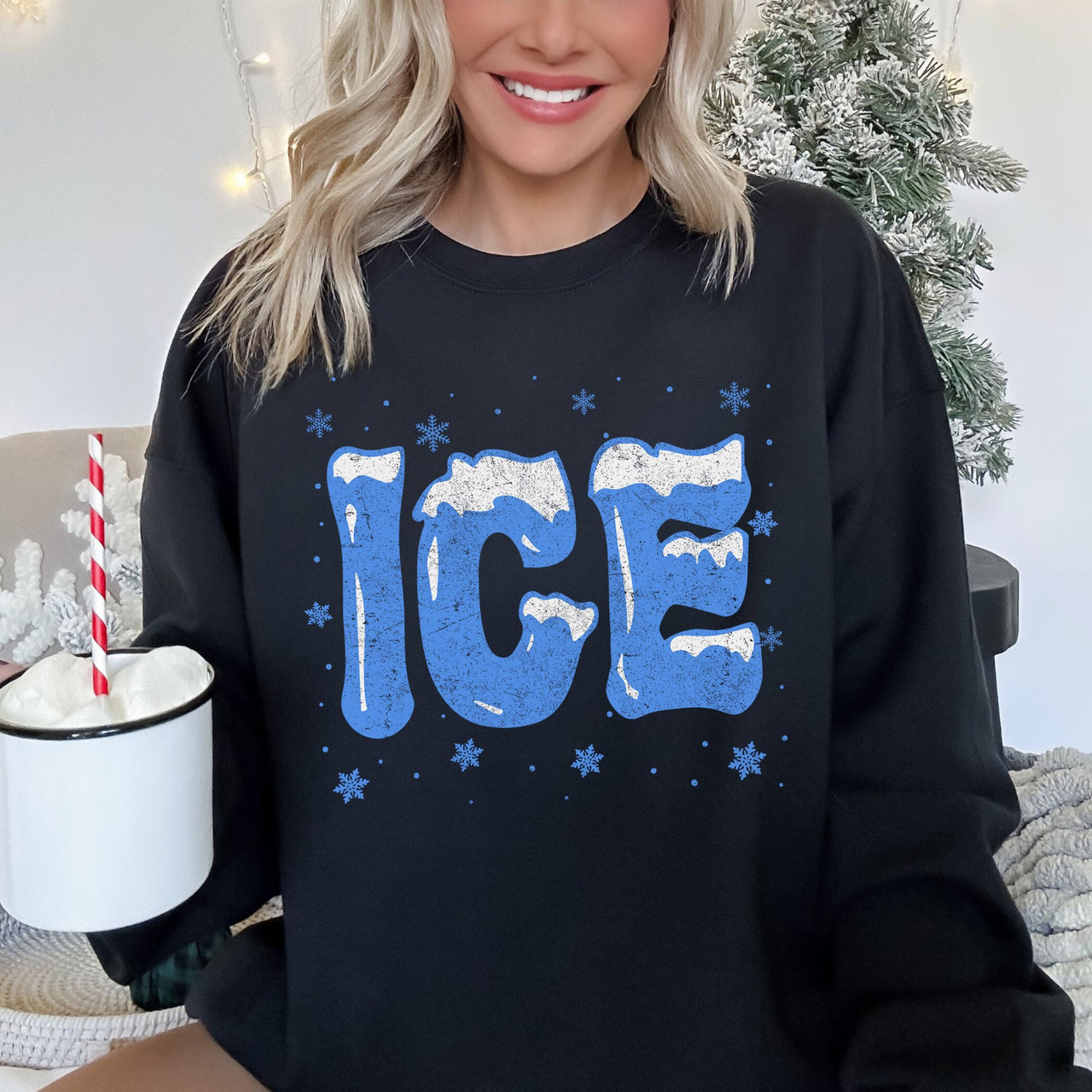 Ice Cold Christmas Winter Retro Nostalgic Snowy Night Sky Village Lights Mistletoe Winter Scene Sweatshirt