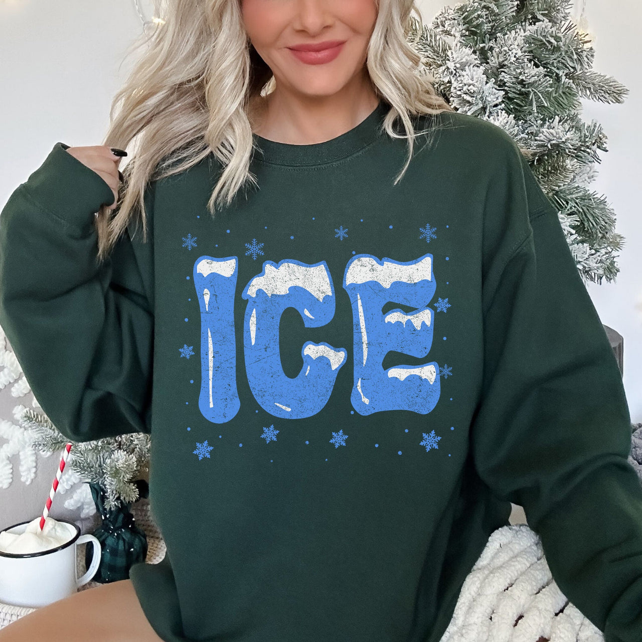 Ice Cold Christmas Winter Retro Nostalgic Snowy Night Sky Village Lights Mistletoe Winter Scene Sweatshirt