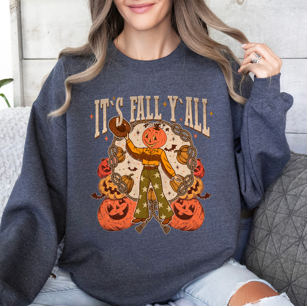 It's Fall Y'all Jack O Lantern Halloween Autumn Vintage Inspired Seasonal Sweatshirt