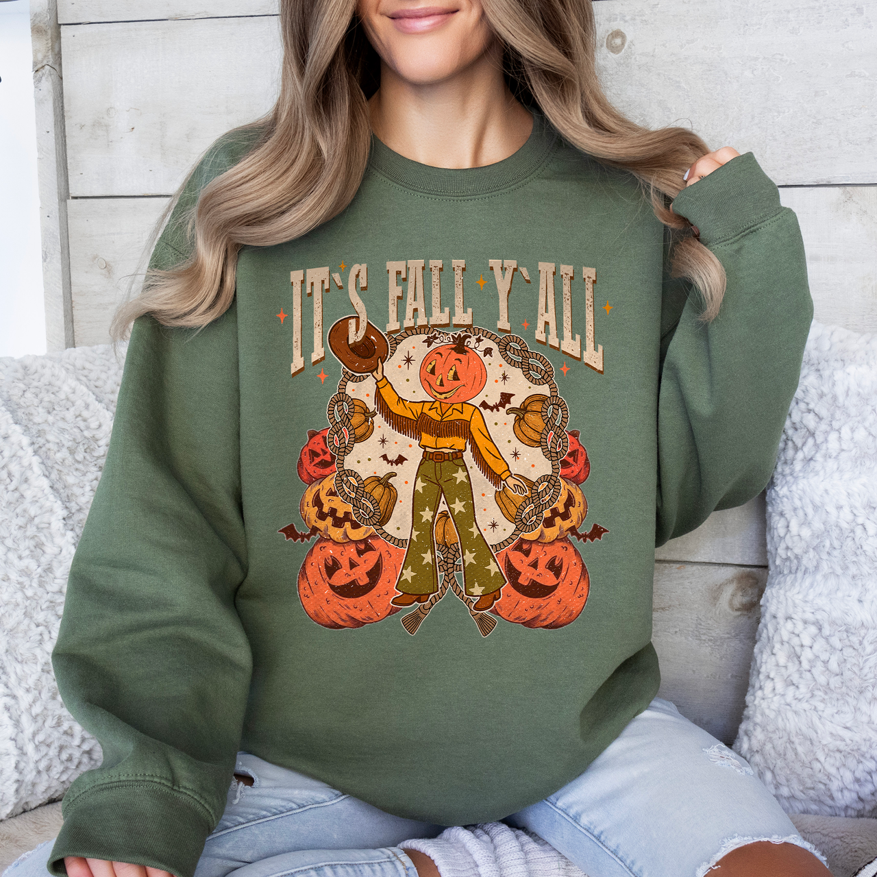 It's Fall Y'all Jack O Lantern Halloween Autumn Vintage Inspired Seasonal Sweatshirt