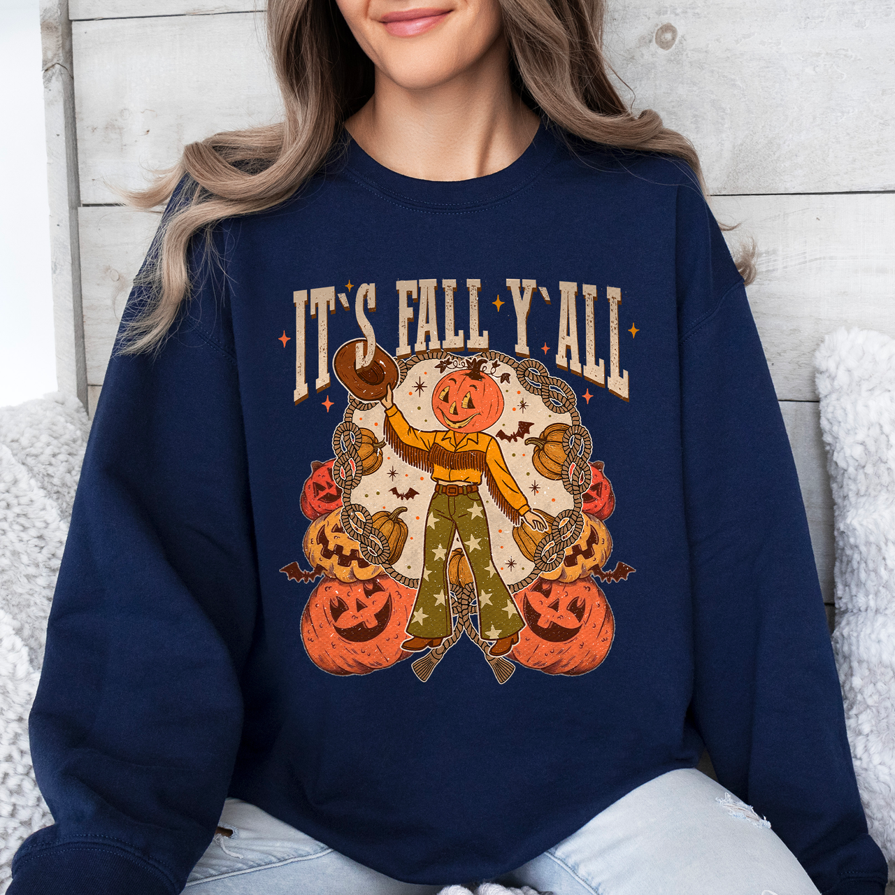 It's Fall Y'all Jack O Lantern Halloween Autumn Vintage Inspired Seasonal Sweatshirt