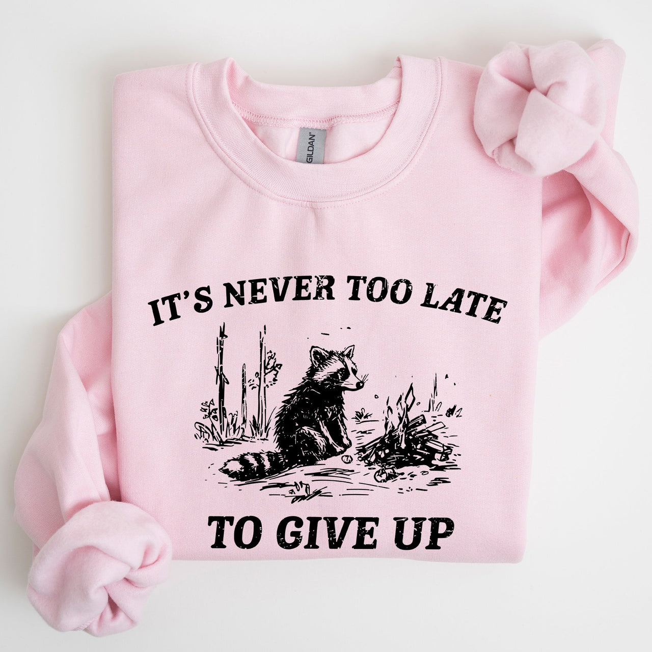 It's Never Too Late To Give Up Raccoon Graphic Illustration Cozy Thermal Sweatshirt