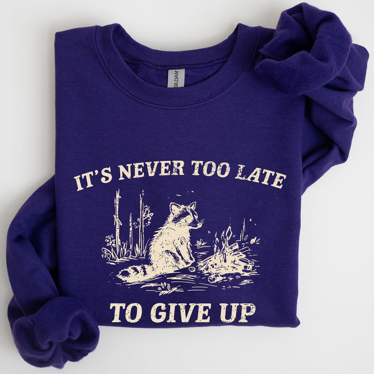 It's Never Too Late To Give Up Raccoon Meme Design For Laughs And Everyday Quirk Sweatshirt