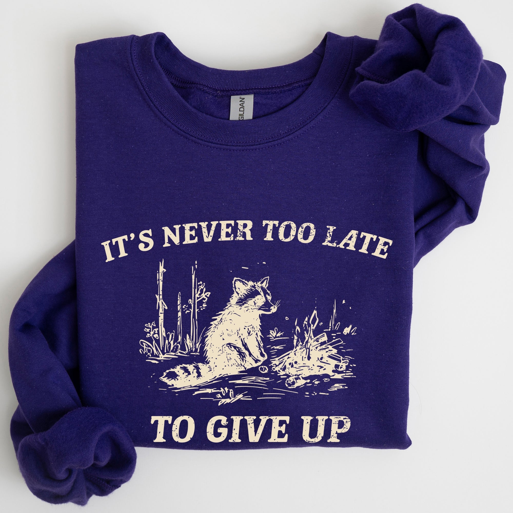 It's Never Too Late To Give Up Raccoon Meme Design For Laughs And Everyday Quirk Sweatshirt