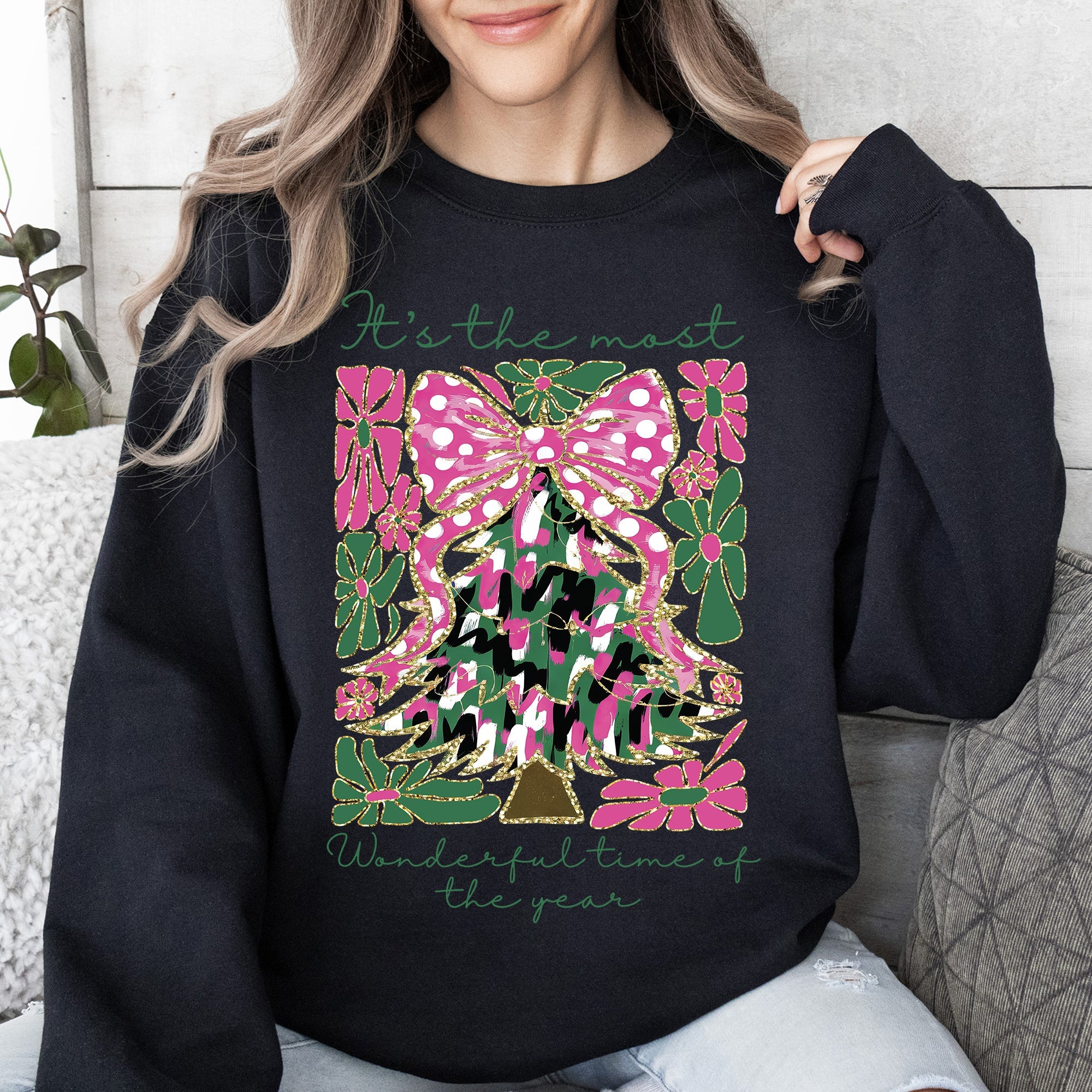 It's The Most Wonderful Time Of The Year Floral Faux Gold Christmas Botanical Sweatshirt