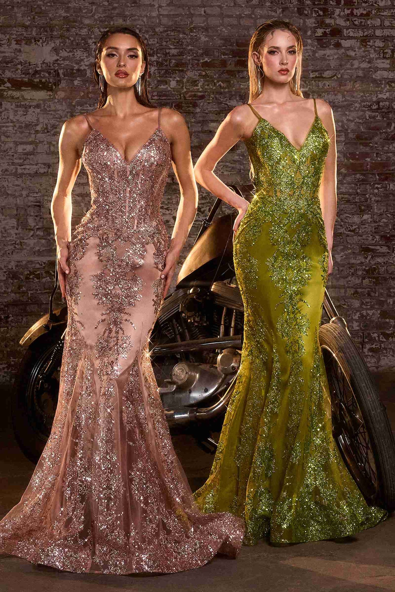 Cinderella Divine J810 Long Fitted Mermaid Gown Metallic Embroidered Lace