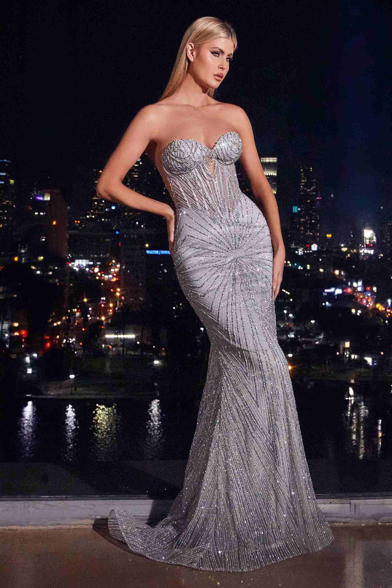 CLEARANCE - Ladivine J871 Long Sultry Fitted Strapless Gold Gown (Size 16)