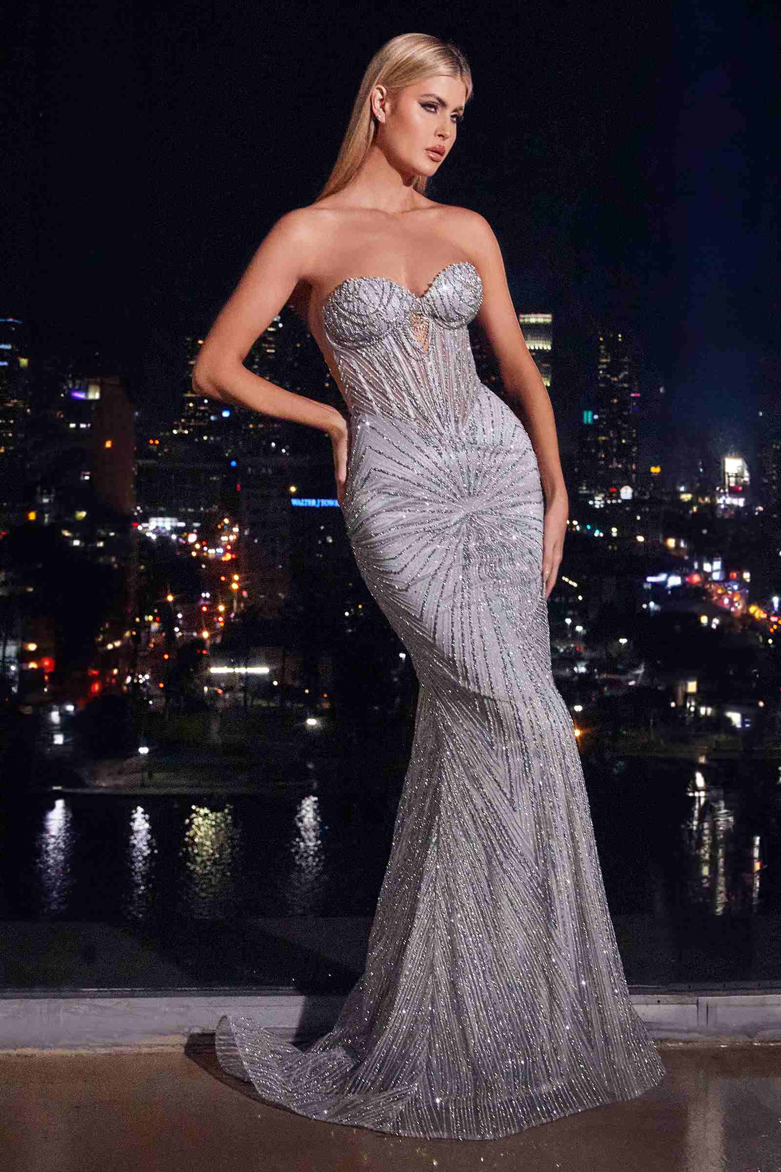 CLEARANCE - Ladivine J871 Long Sultry Fitted Strapless Gold Gown (Size 16)