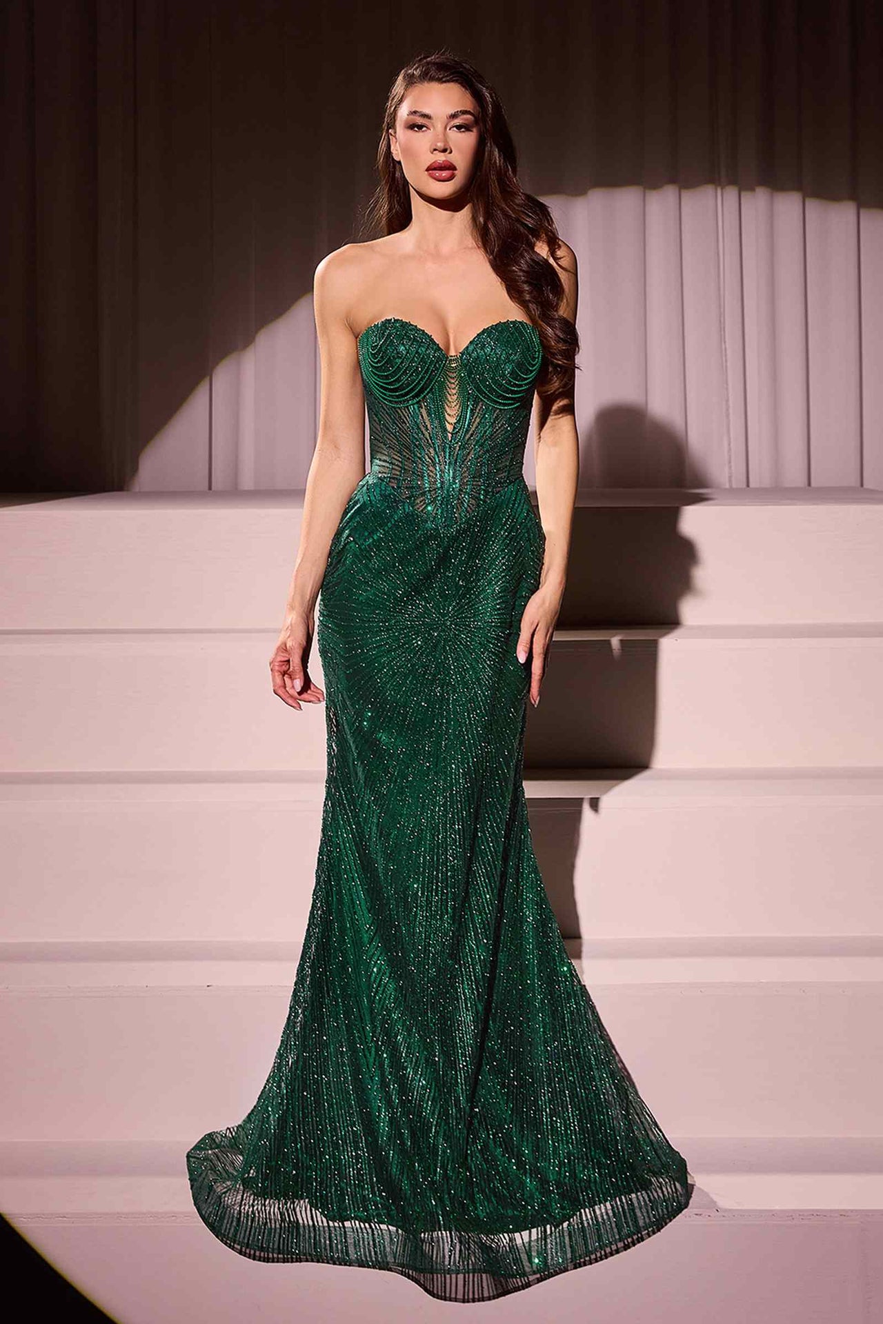 Ladivine J871 Long Sultry Fitted Strapless Embellished Prom Gown